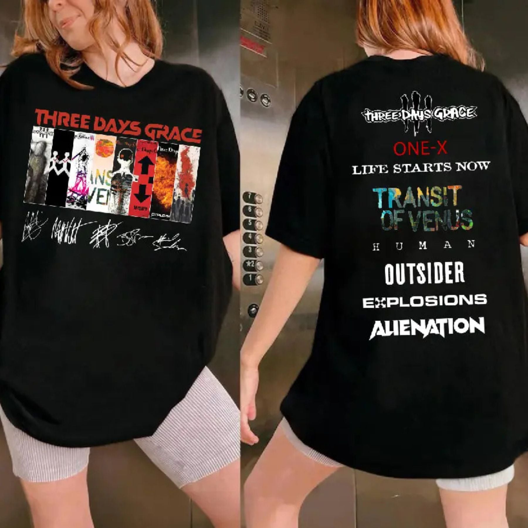 Pasimax Three Days Grace Two-Sided Album T-Shirt - Rock Band Concert Tee, Official Fan Merch, Unisex Gift — detail close-up
