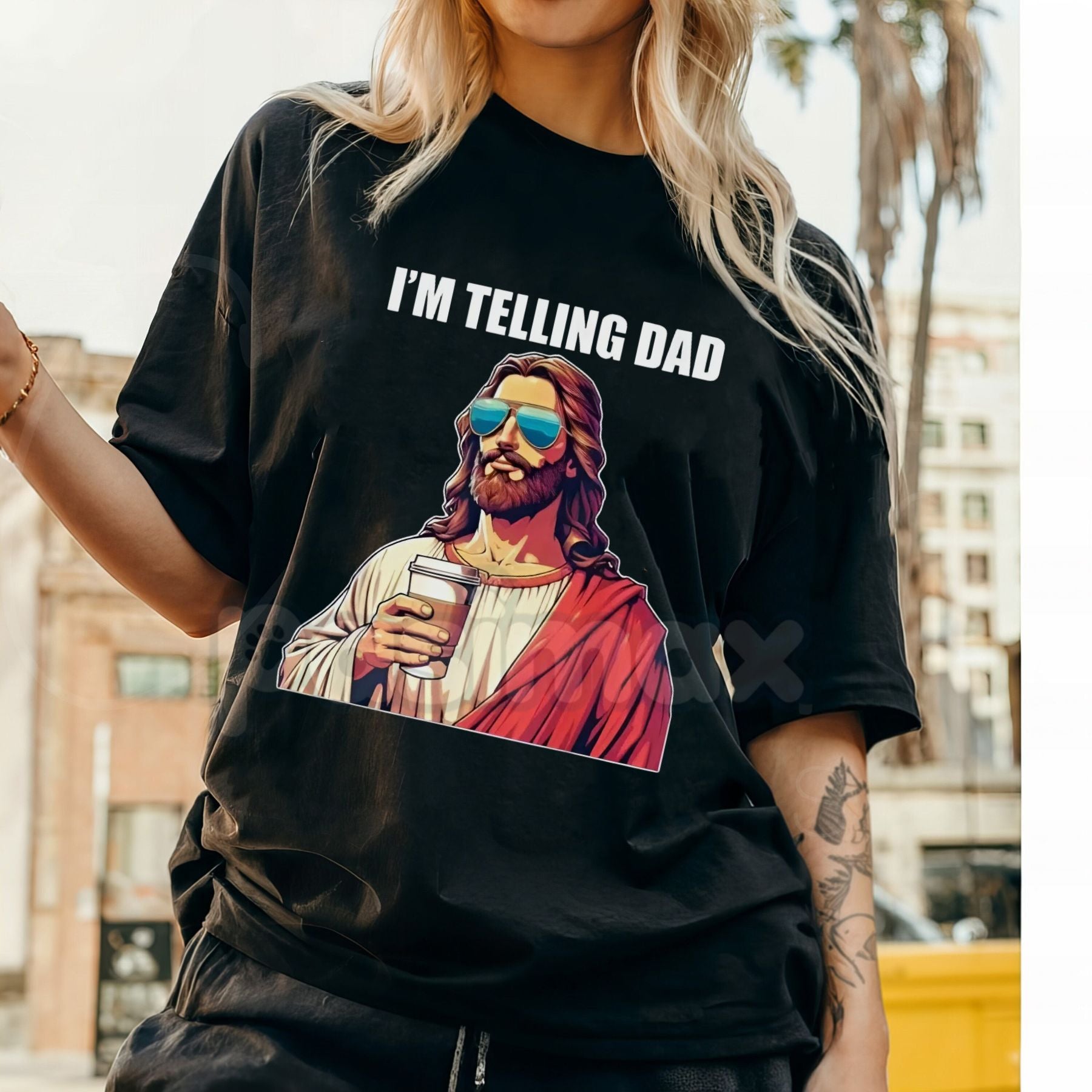 Pasimax "I'm Telling Dad" Jesus Meme T-Shirt - Funny Religious Christian Humor Tee, Unisex Edgy Faith Slogan Shirt — detail c