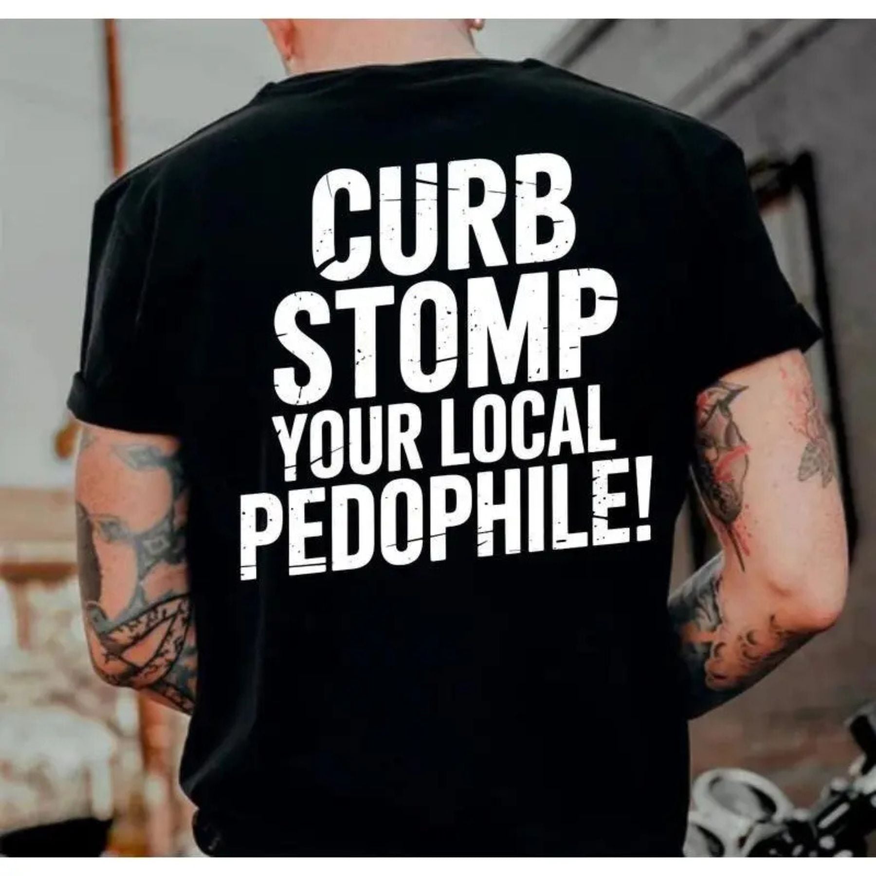 Pasimax Curb Stomp Your Local Pedophile T-Shirt — detail close-up