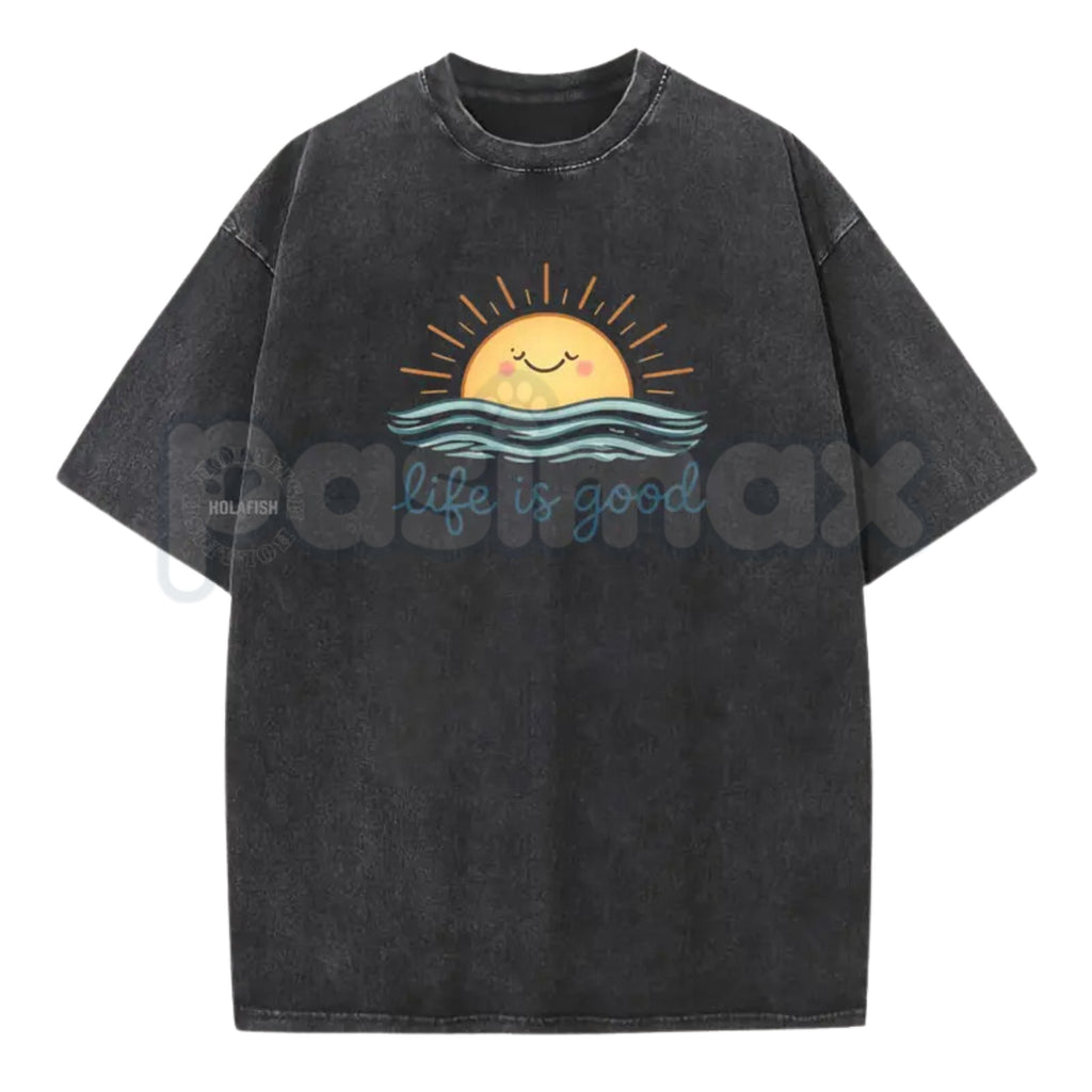 Life is Good Vintage Washed T-Shirt – Retro Crew Neck Graphic Tee, Positive Vibes Lightweight Cotton Top, Sincere Inspirational Streetwear