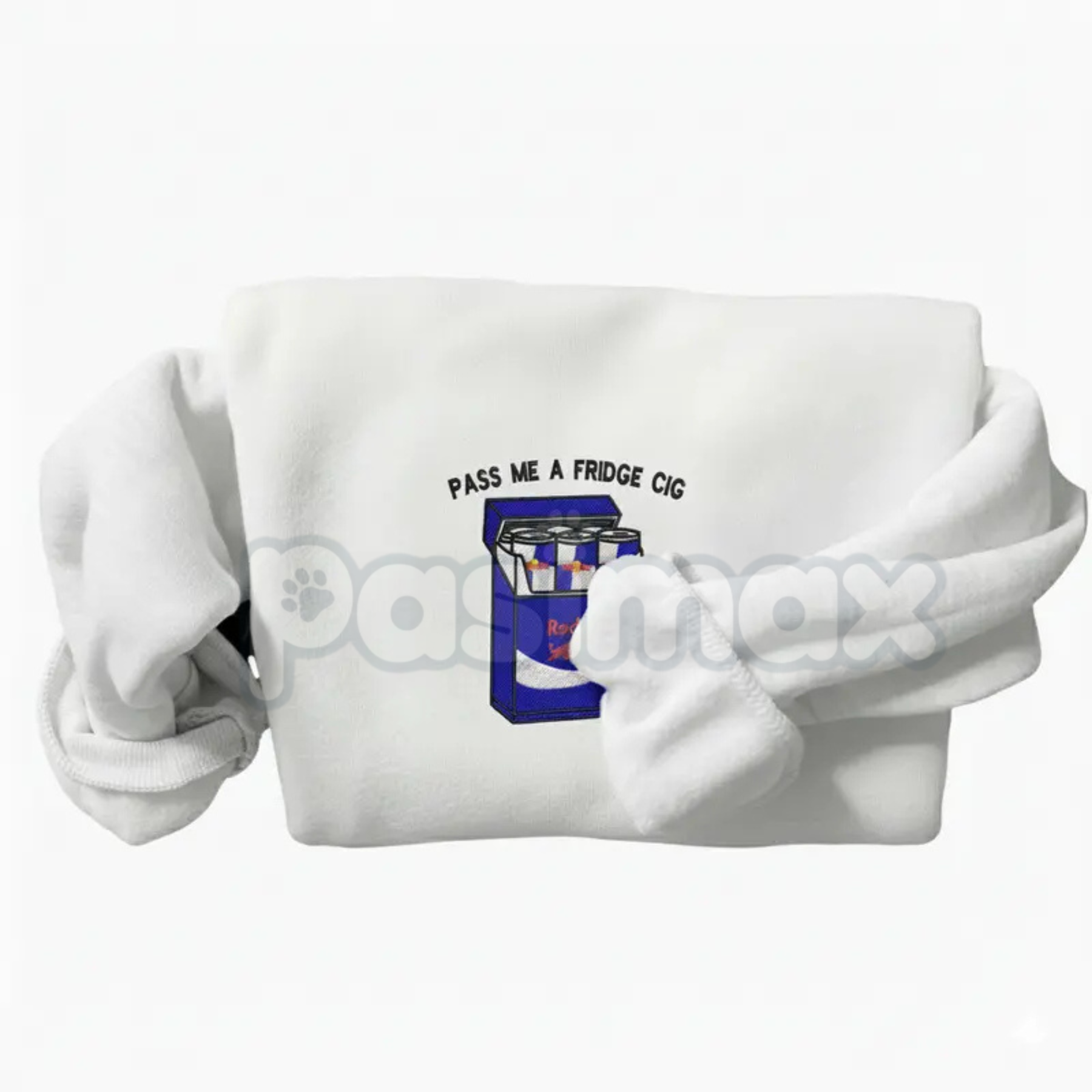 Pasimax Funny "Pass Me A Fridge of Blue Soda" Embroidered Sweatshirt – Humorous Quote Crewneck — detail close-up