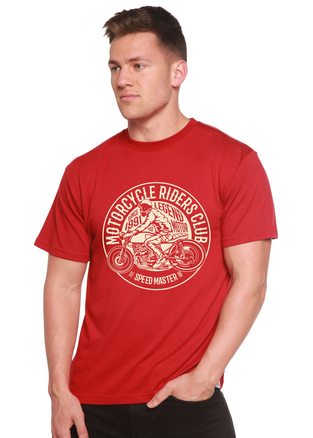 Spun Bamboo Motorcycle Riders Club Men's Bamboo Viscose/Organic Cotton Short Sleeve Graphic T-Shirt — lifestyle context