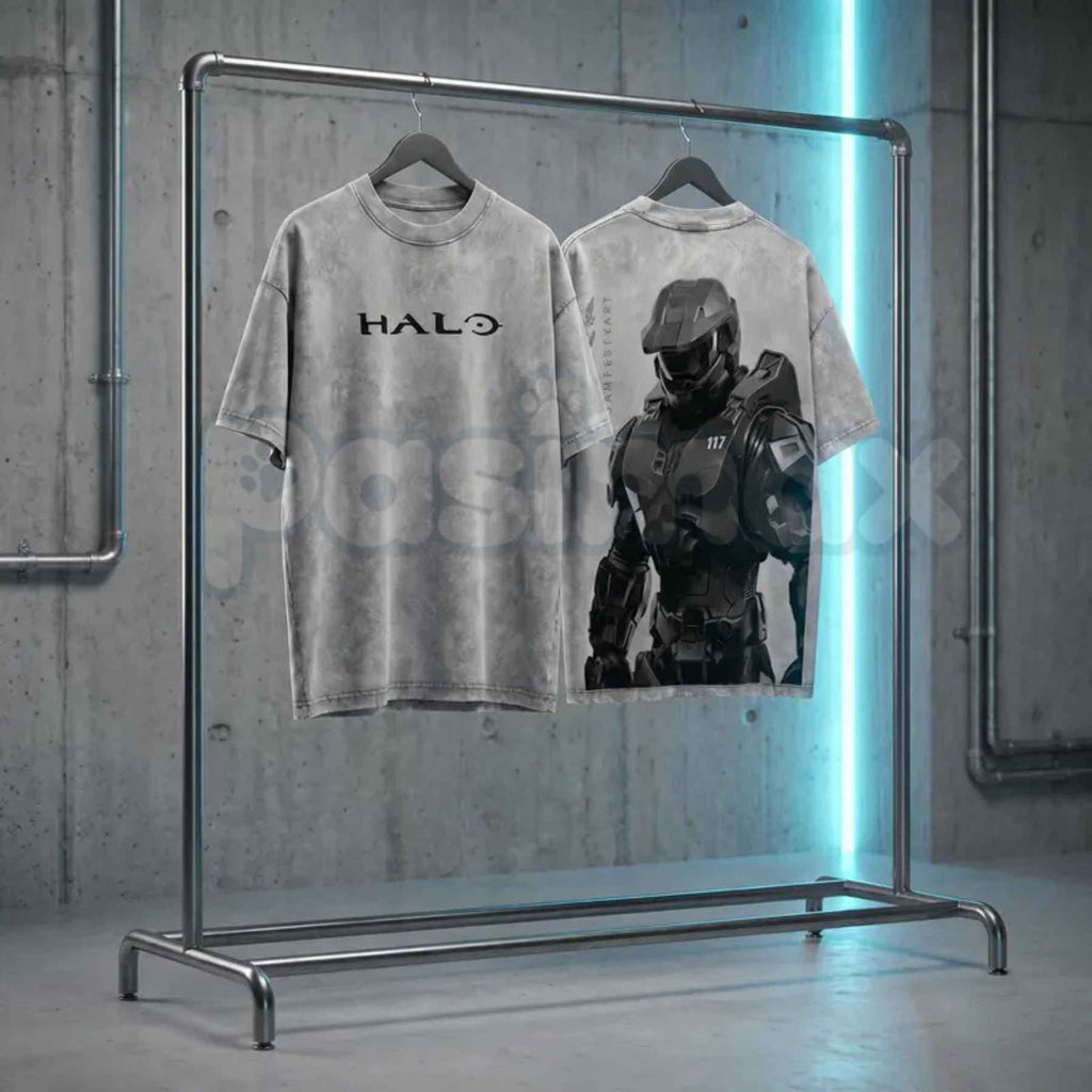 HALO Master Chief 117 T-Shirt – Retro Spartan Back Print Graphic Tee, Premium Acid Wash Oversized Lightweight Cotton Gaming Streetwear Top