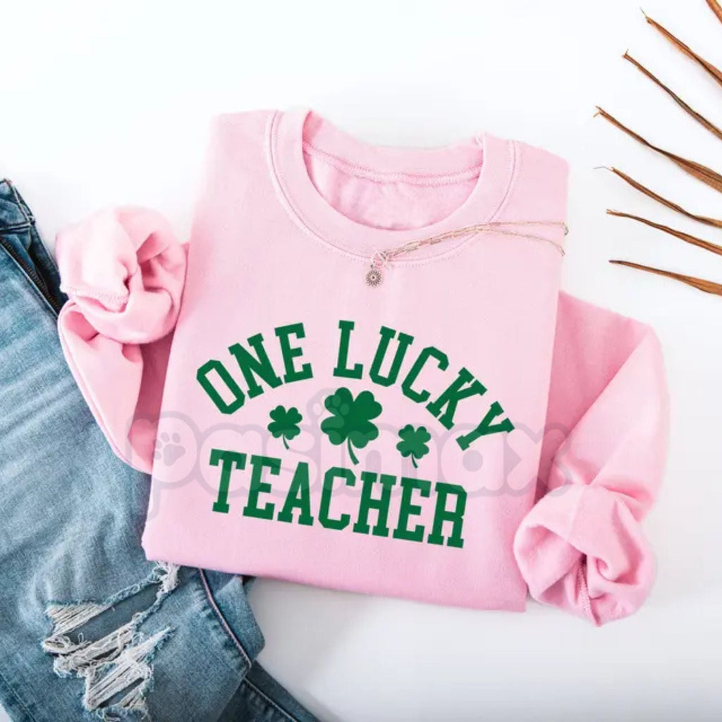 Pasimax One Lucky Teacher Adult Sweatshirt | Green Varsity Lettering St Patrick's Day Crewneck | Shamrock Accent Teacher Pull