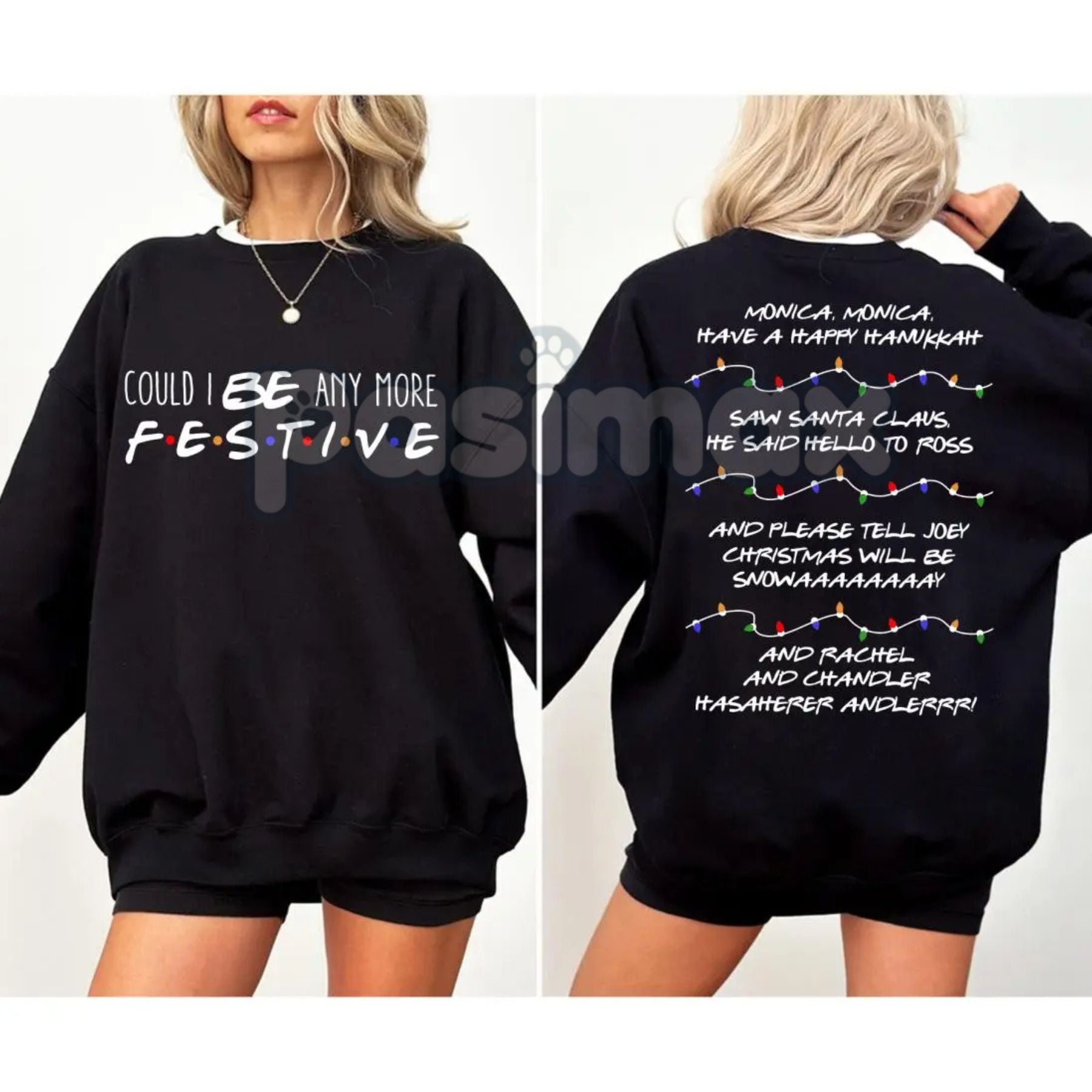 Pasimax Friends Christmas Sweatshirt – Retro TV Show Holiday Crewneck – The One With The Christmas Tree — detail close-up