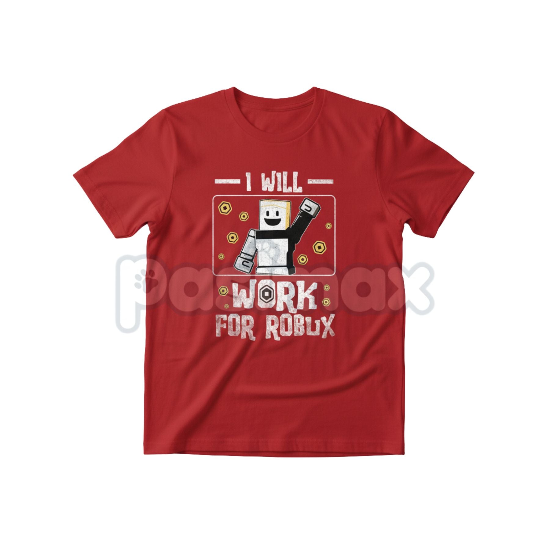 Pasimax Kids 'I Will Work For Robux' T-Shirt – Funny Gamer Youth Tee, Roblox Currency Statement Shirt — detail close-up