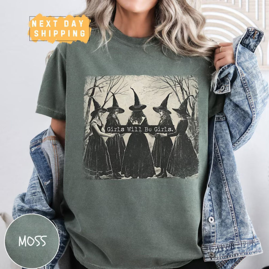 Pasimax Cozy Retro 'Girls Will Be Girls' Witch Shirt – Comfort Colors® Nostalgic Halloween Tee, Funny Witchy Vibes Fall Stapl