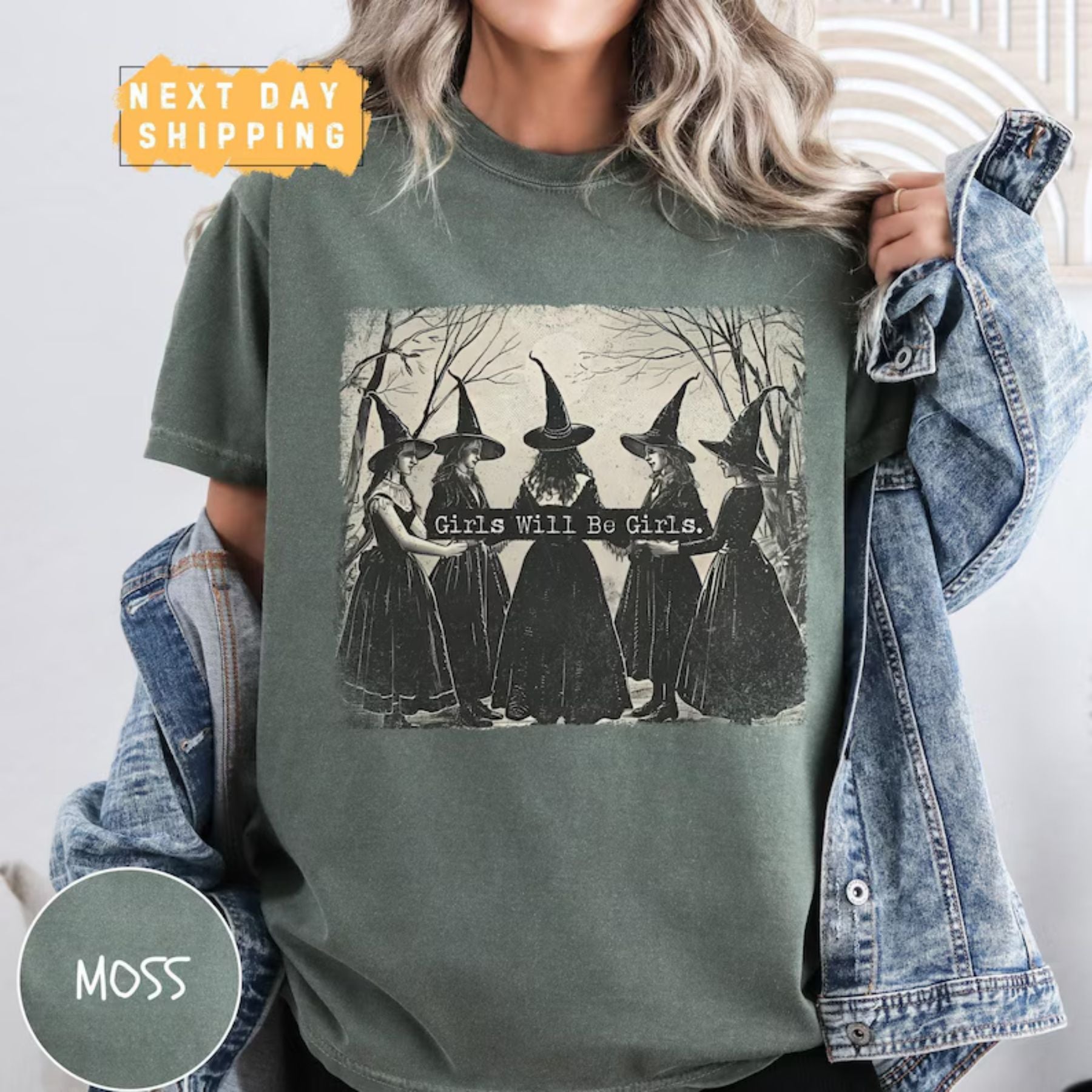 Pasimax Cozy Retro 'Girls Will Be Girls' Witch Shirt – Comfort Colors® Nostalgic Halloween Tee, Funny Witchy Vibes Fall Stapl