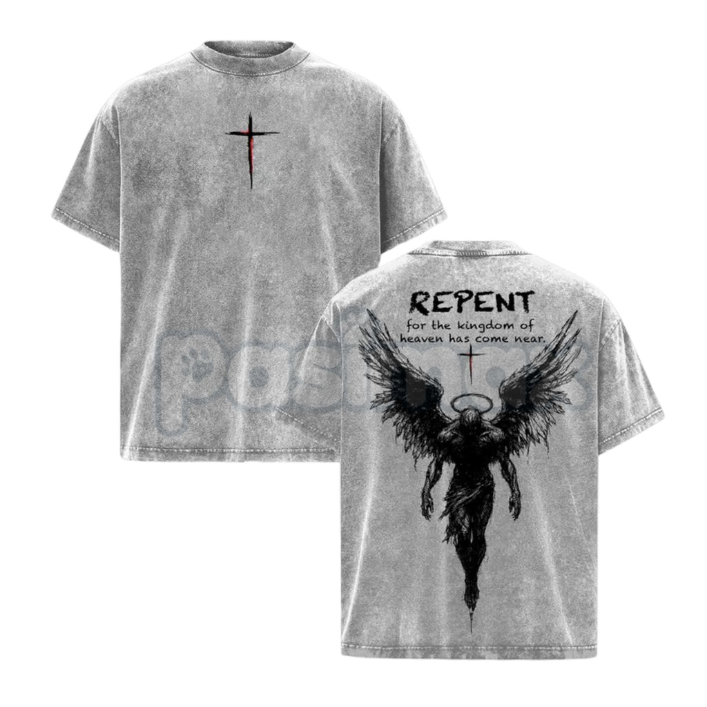 Pasimax The Kingdom Mandate: Repent Vintage Washed Tee – Heavy Cotton Christian Streetwear, Gospel Angel Wings Shirt — detail