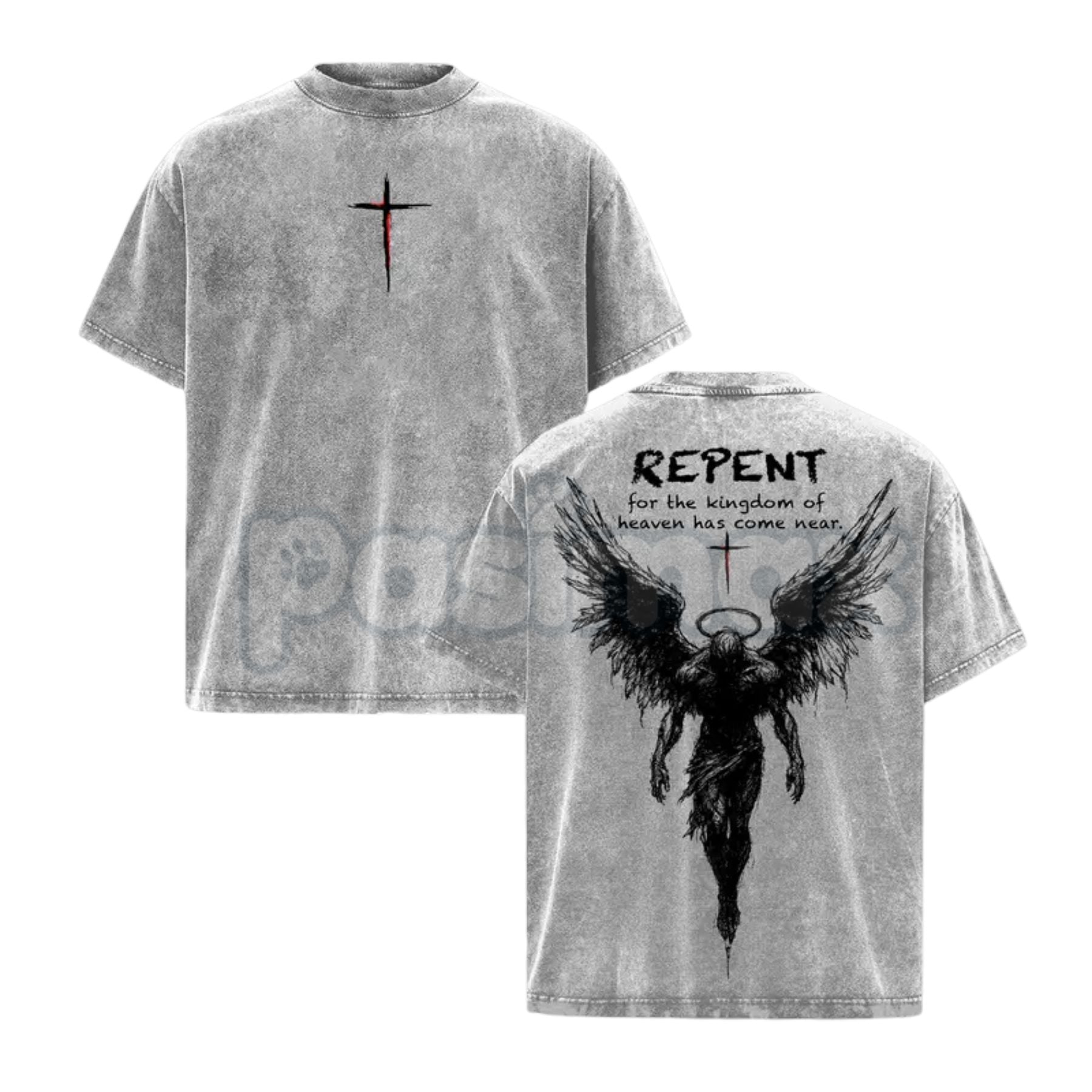 Pasimax The Kingdom Mandate: Repent Vintage Washed Tee – Heavy Cotton Christian Streetwear, Gospel Angel Wings Shirt — detail