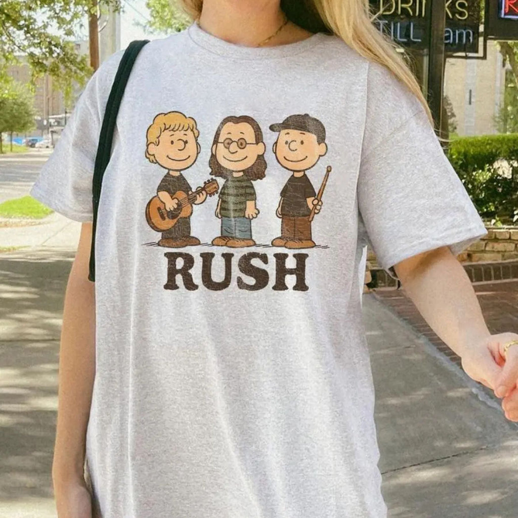 Pasimax Rush Band Cartoon T-Shirt - Retro Rock Music Fan Tee, Cute Vintage Graphic Shirt — detail close-up
