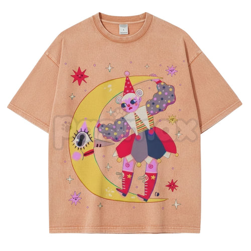 Star Clown Unisex Vintage Washed Tee – Retro Celestial Circus Graphic Streetwear T-Shirt