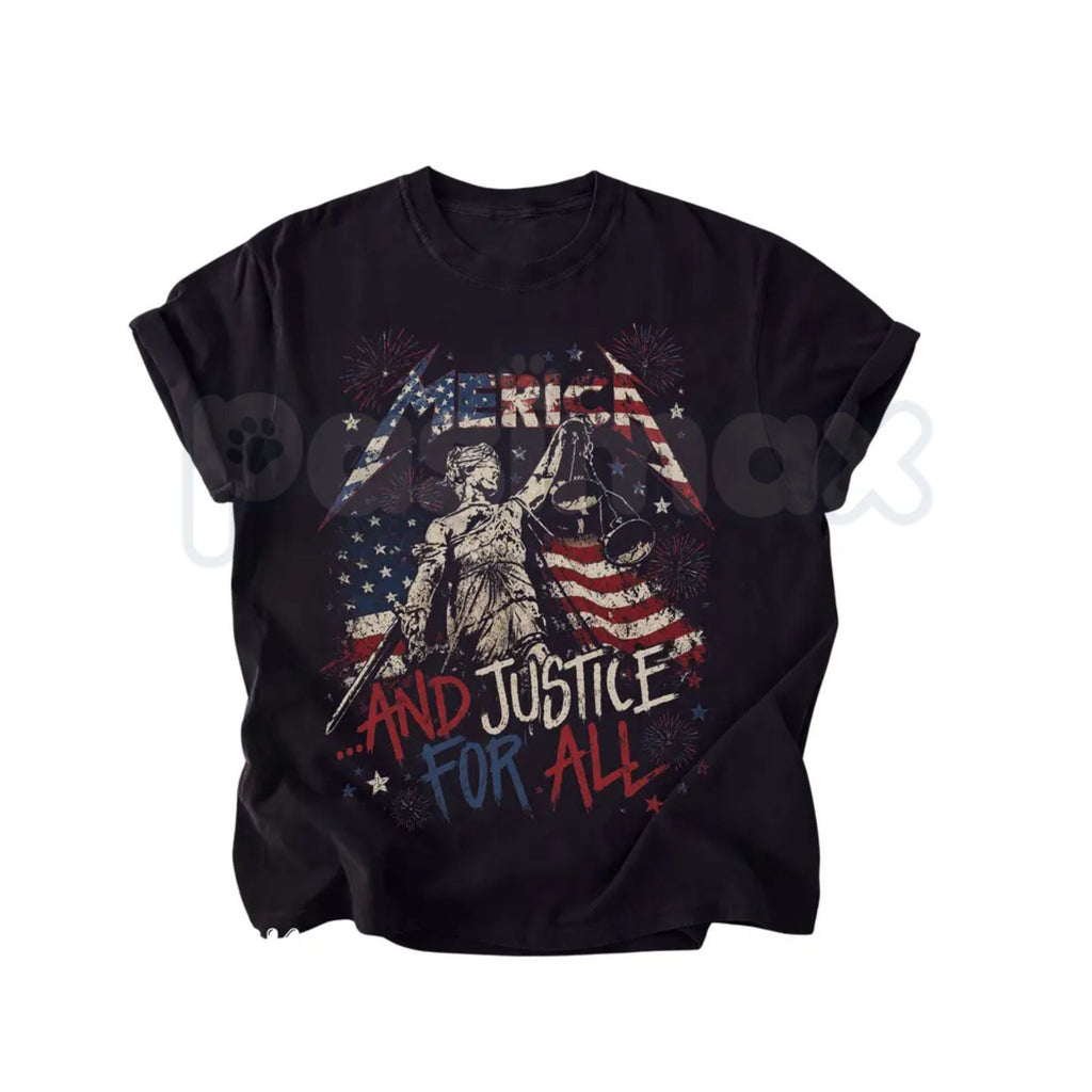 Merica and Justice For All Fourth Of July T-Shirt – Patriotic Rock Music Meme Tee, Funny Independence Day Unisex Graphic Shirt