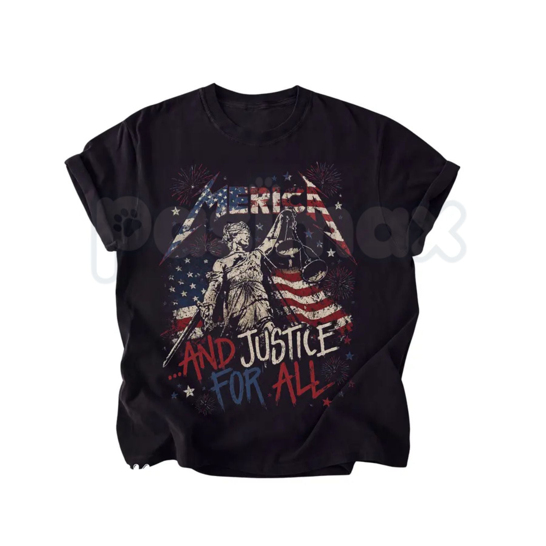 Merica and Justice For All Fourth Of July T-Shirt – Patriotic Rock Music Meme Tee, Funny Independence Day Unisex Graphic Shirt