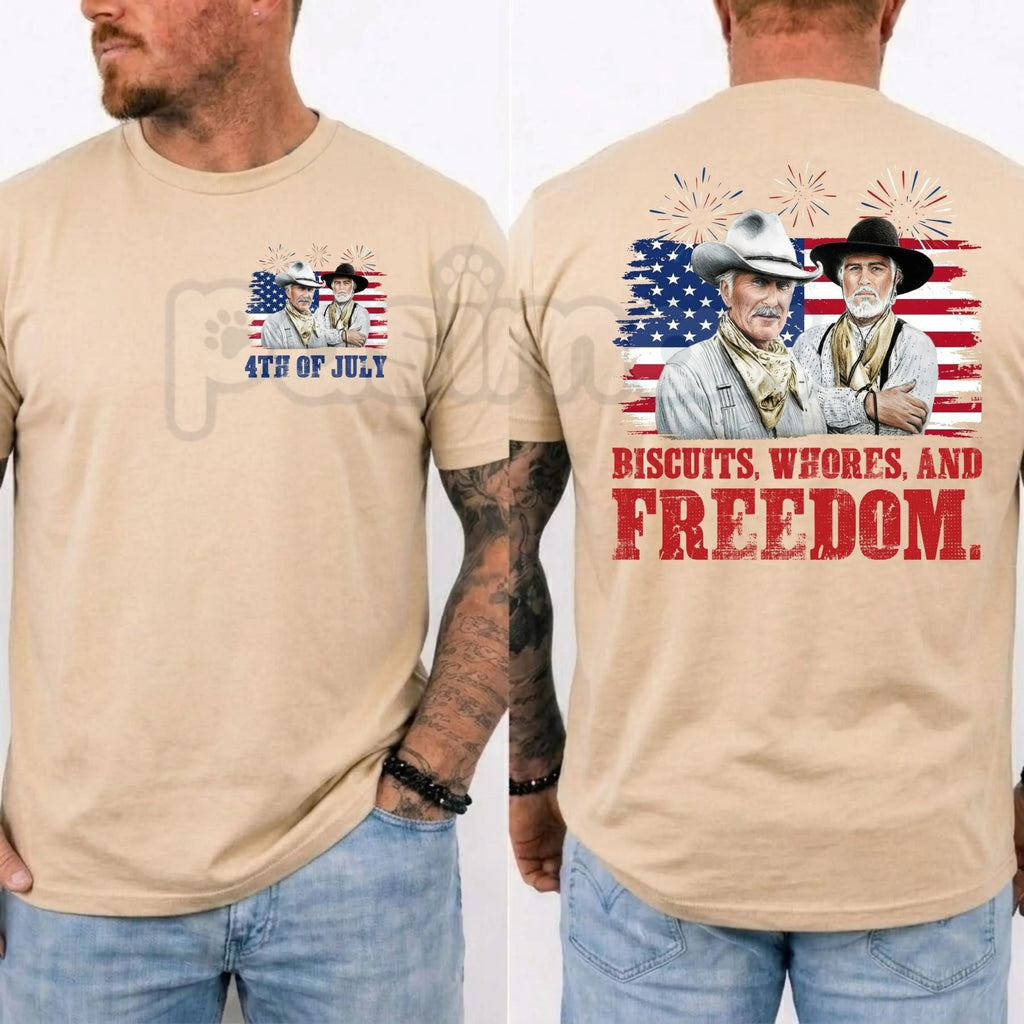 Funny "Biscuits and Whores" Western T-Shirt – Sarcastic 4th of July Movie Graphic Tee