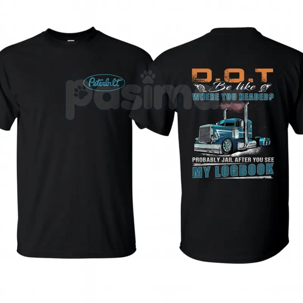 Pasimax Peterbilt Trucker Hoodie – Funny DOT Logbook Joke Sweatshirt & Big Rig Graphic T-Shirt — detail close-up
