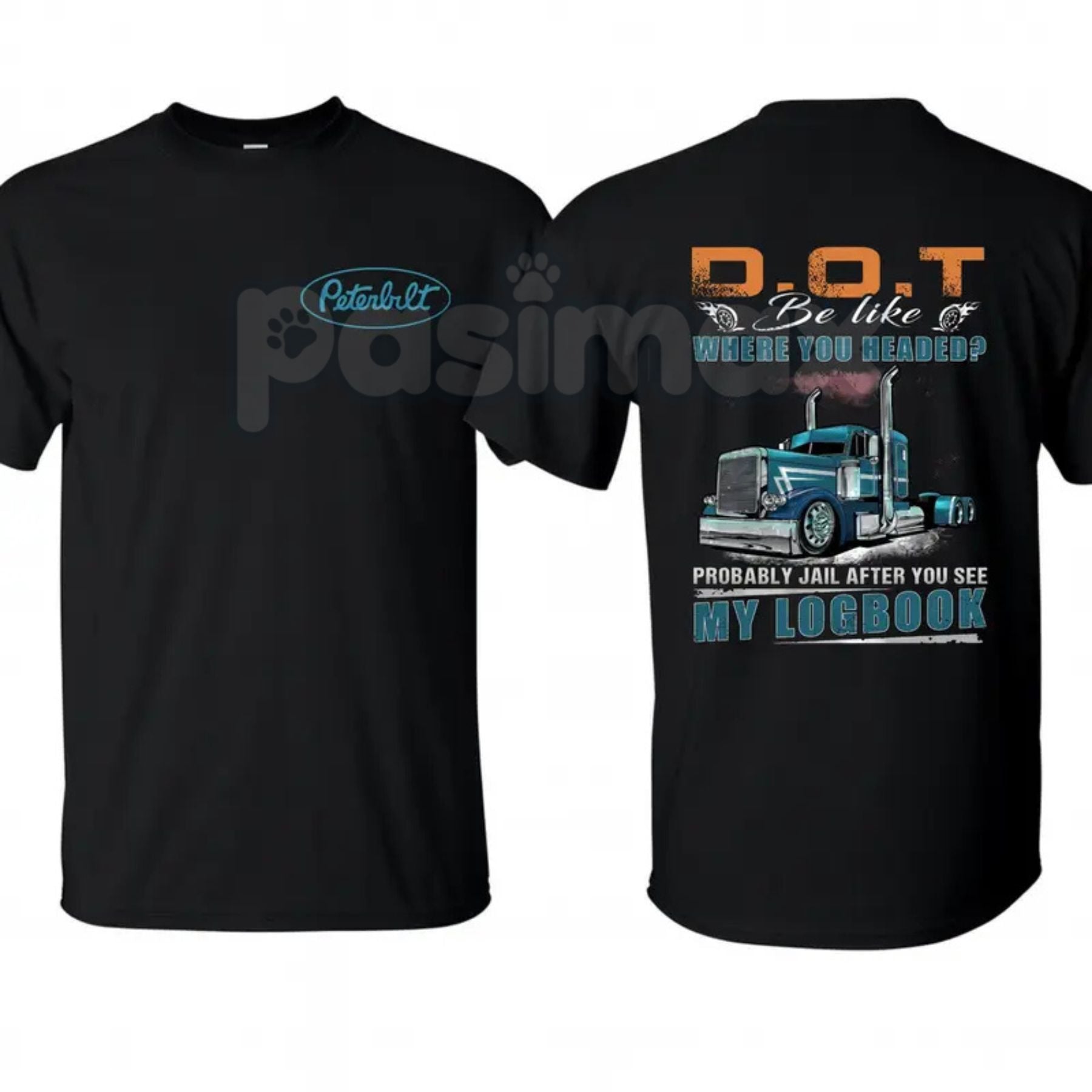 Pasimax Peterbilt Trucker Hoodie – Funny DOT Logbook Joke Sweatshirt & Big Rig Graphic T-Shirt — detail close-up
