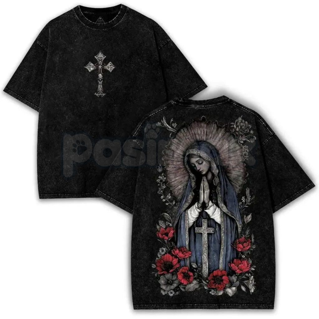 Pasimax The Madonna Sanctuary: Virgin Mary Washed Tee – Heavy Cotton Gothic Streetwear, Sacred Art Graphic T-Shirt — detail c