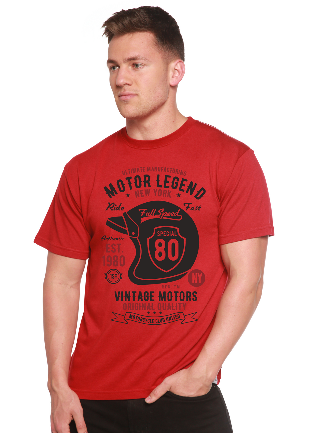 Spun Bamboo Motor Legend Helmet Men's Bamboo Viscose/Organic Cotton Short Sleeve Graphic T-Shirt — back view