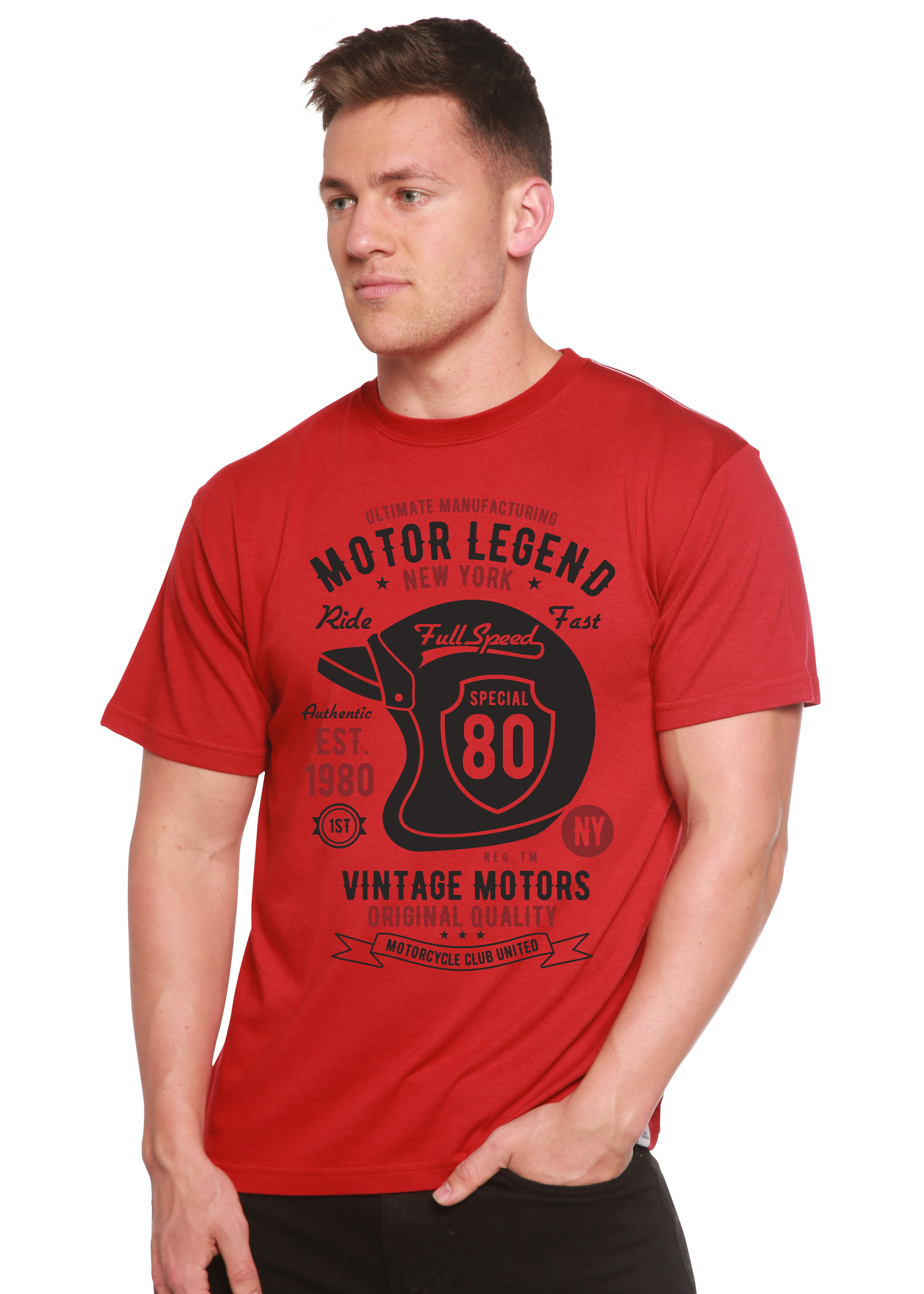 Spun Bamboo Motor Legend Helmet Men's Bamboo Viscose/Organic Cotton Short Sleeve Graphic T-Shirt — back view