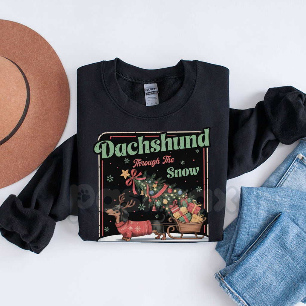 Pasimax Dachshund Through The Snow Sweatshirt | Cute Dog Pun Christmas Crewneck | Wiener Dog Holiday Jumper | Festive Pet Lov