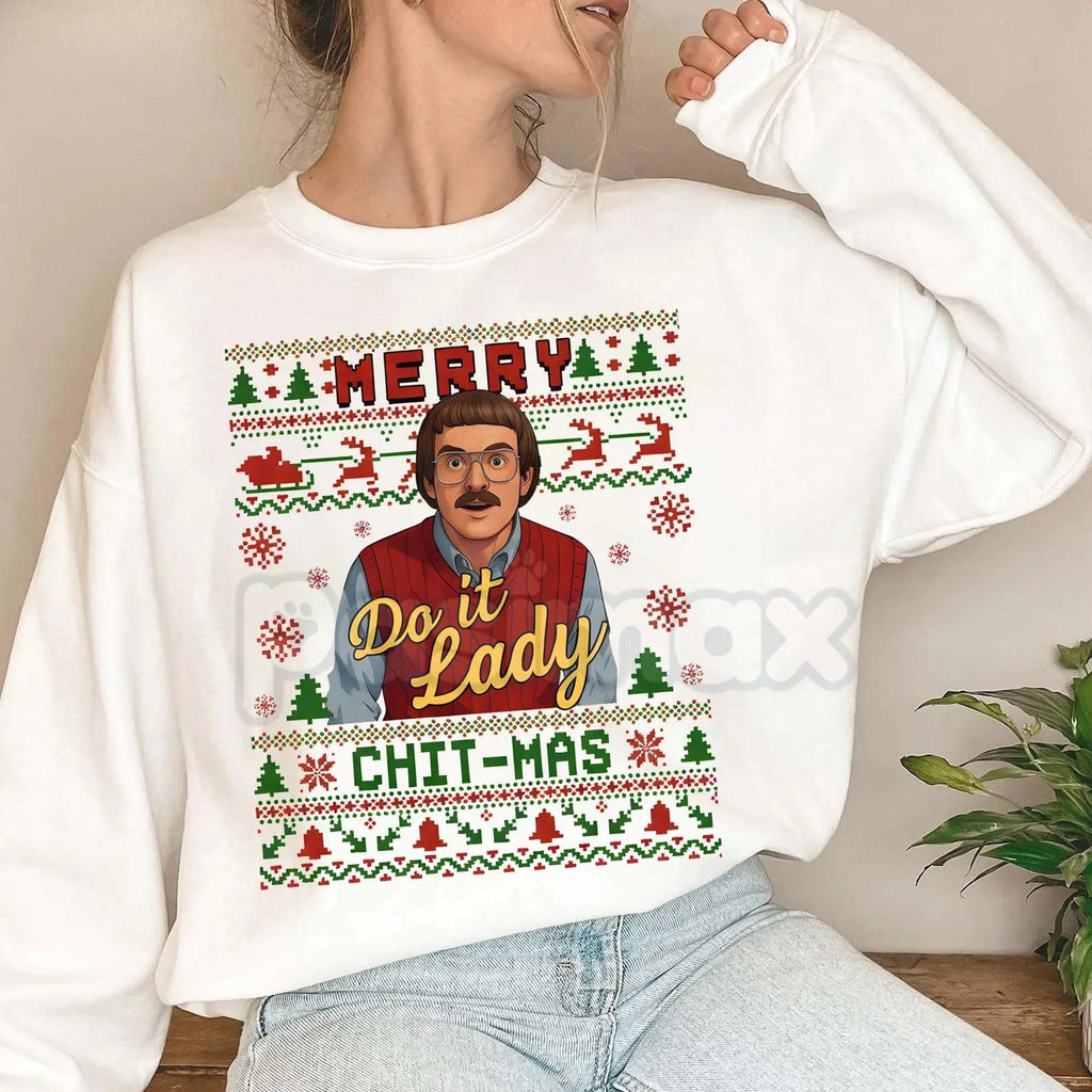 Pasimax Funny "Merry Chit I Do It" Christmas Sweatshirt | Ugly Xmas Sweater Meme Shirt | Cheeky Holiday Crewneck — detail clo