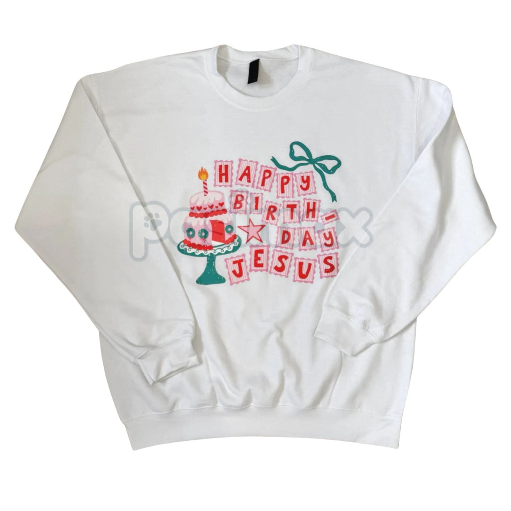 Pasimax HBD Jesus Crewneck Sweatshirt – Funny Birthday Holiday Graphic — detail close-up