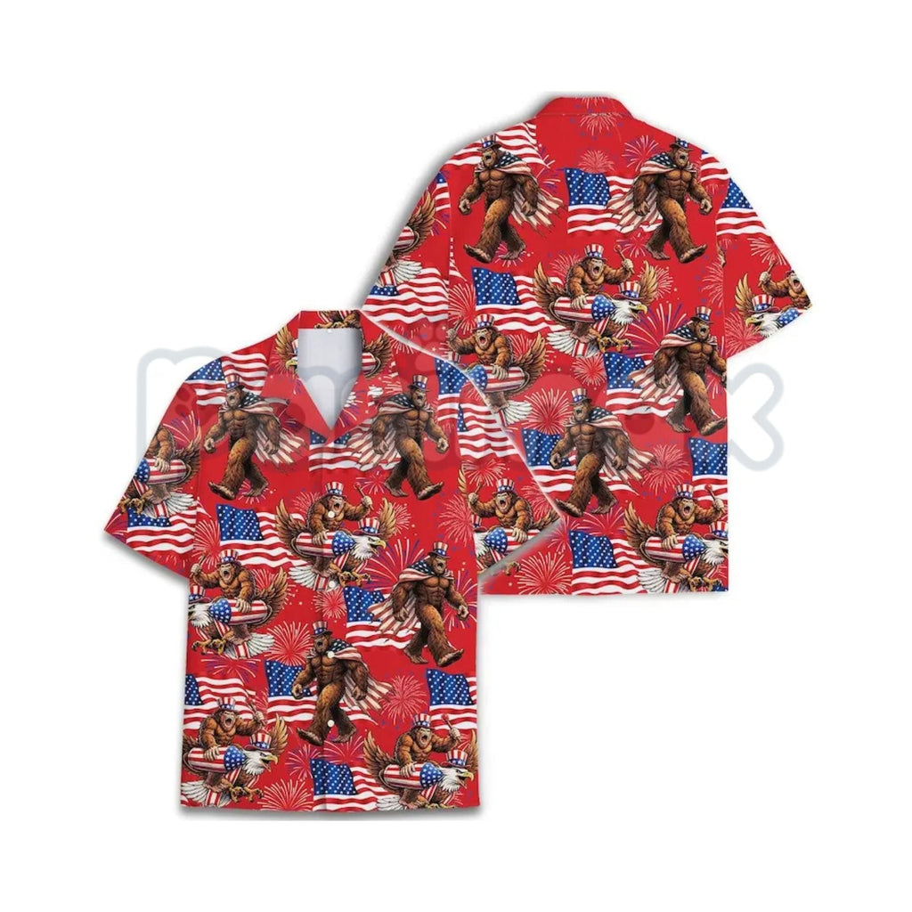 Bigfoot Firework Hawaiian Shirt – Patriotic USA Flag Aloha Shirt for Summer Holidays