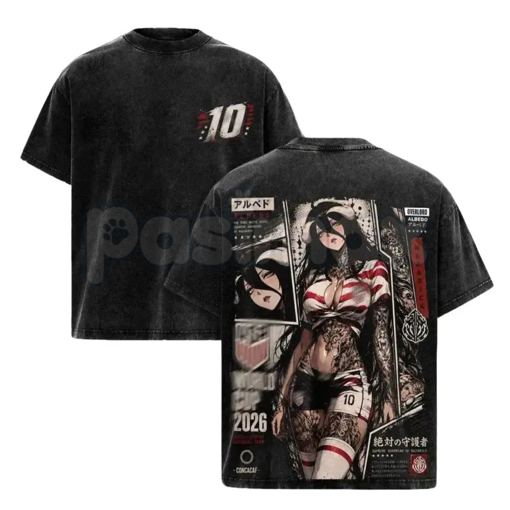 Albedo Overlord Anime T-Shirt – Retro Double Printed Guardian Graphic Tee, Vintage Washed Dark Fantasy Lightweight Cotton Unisex Manga Top