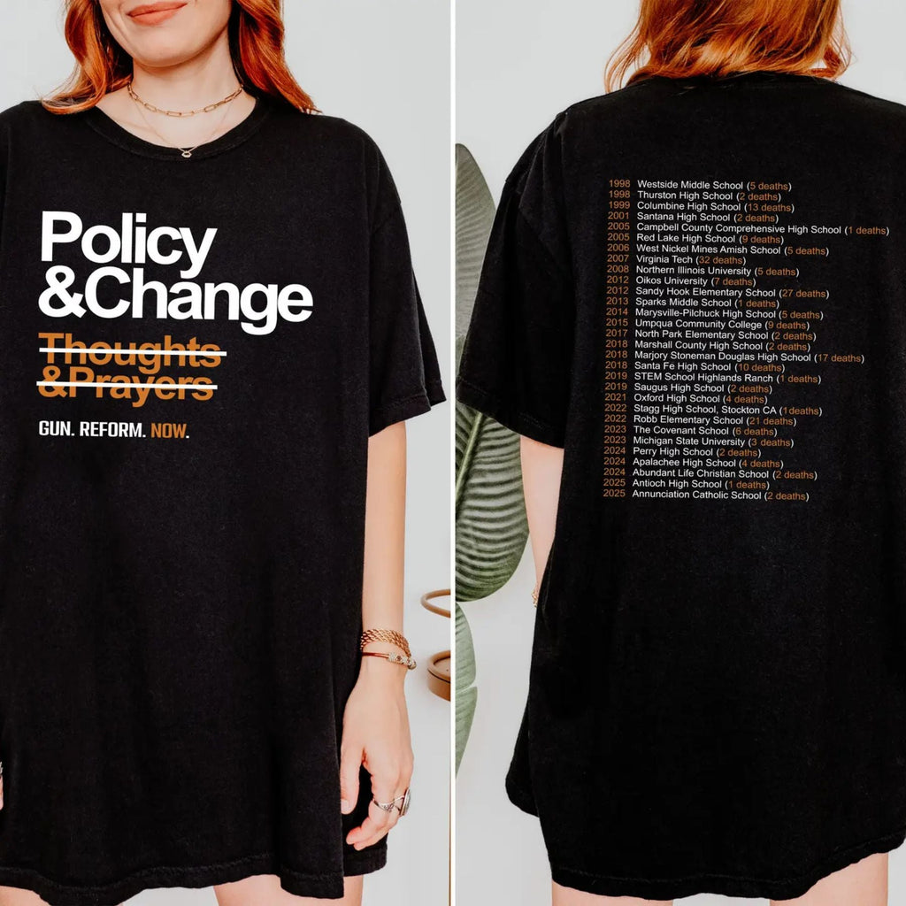 Pasimax "Policy & Change" Gun Reform T-Shirt — detail close-up