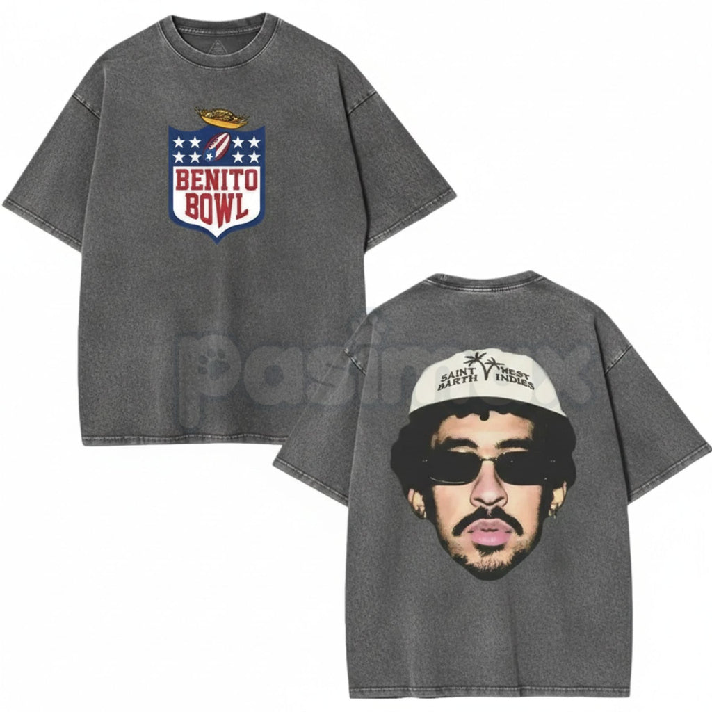 Pasimax Benito Bowl 2026 Vintage Washed Graphic Tee – Funny Anime Football Bad Bunnie Design Shirt — detail close-up