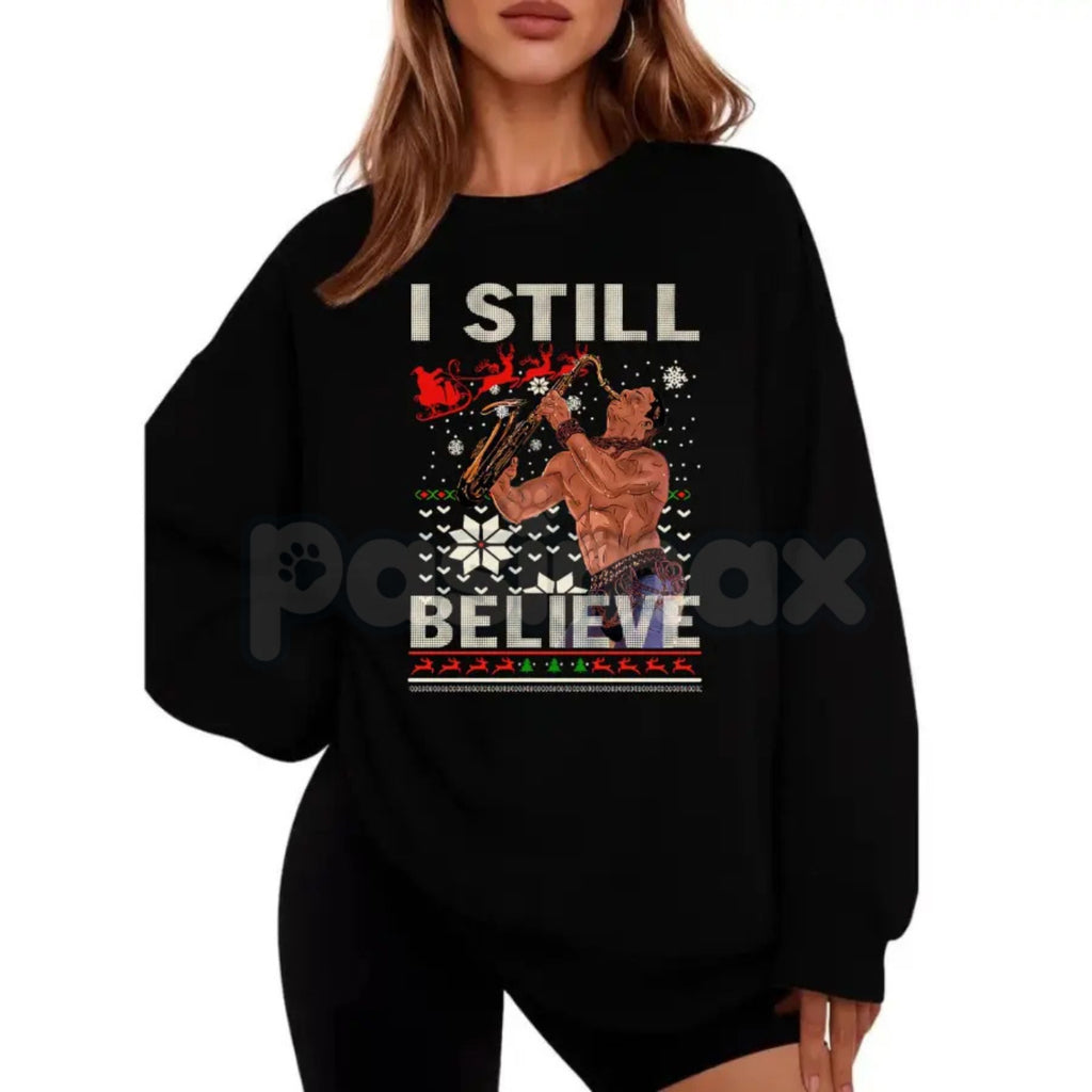 Pasimax "I Still Believe" Christmas Sweatshirt – The Lost Boys Movie Shirt | 80s Vampire Retro Holiday Jumper — detail close-