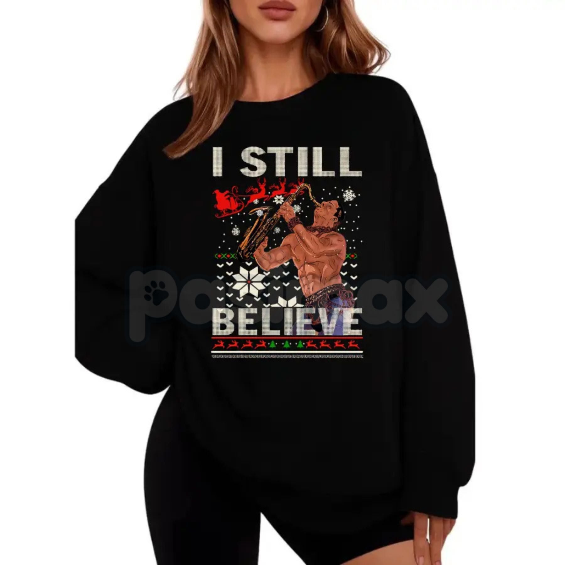 Pasimax "I Still Believe" Christmas Sweatshirt – The Lost Boys Movie Shirt | 80s Vampire Retro Holiday Jumper — detail close-