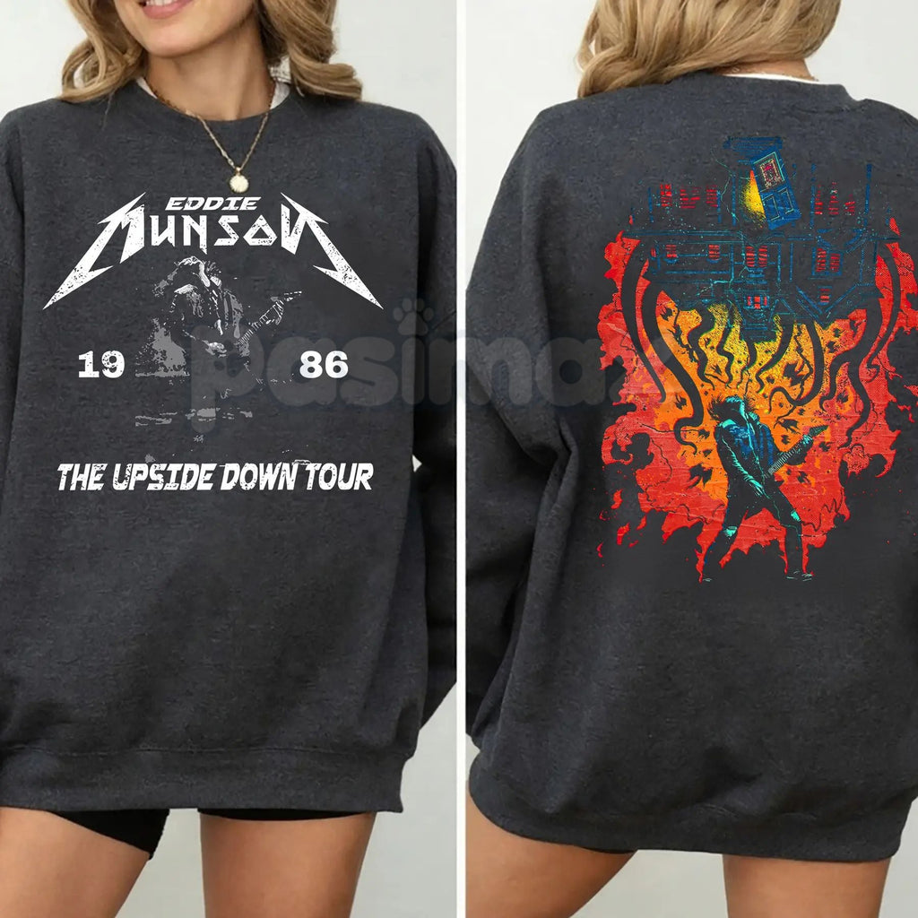 Pasimax Retro Eddie Munson 2-Sided Sweatshirt | Hellfire Club Fan Crewneck | Eddie Munson Tribute Jumper | 80s Rock Aesthetic