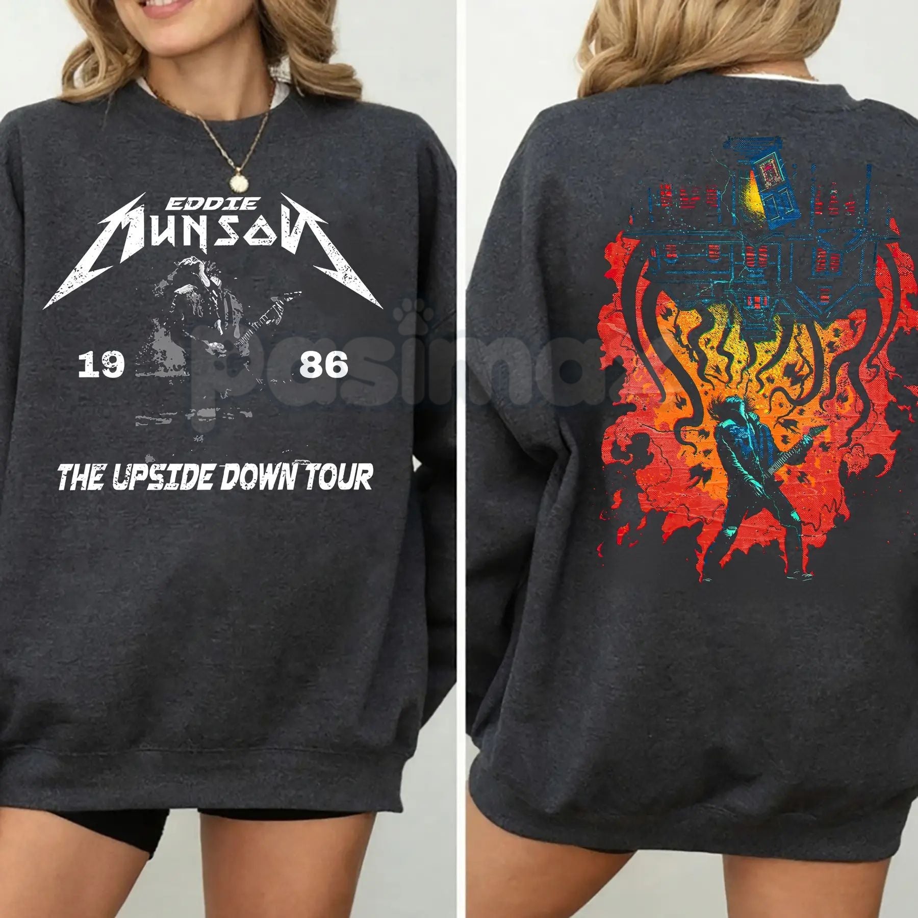 Pasimax Retro Eddie Munson 2-Sided Sweatshirt | Hellfire Club Fan Crewneck | Eddie Munson Tribute Jumper | 80s Rock Aesthetic