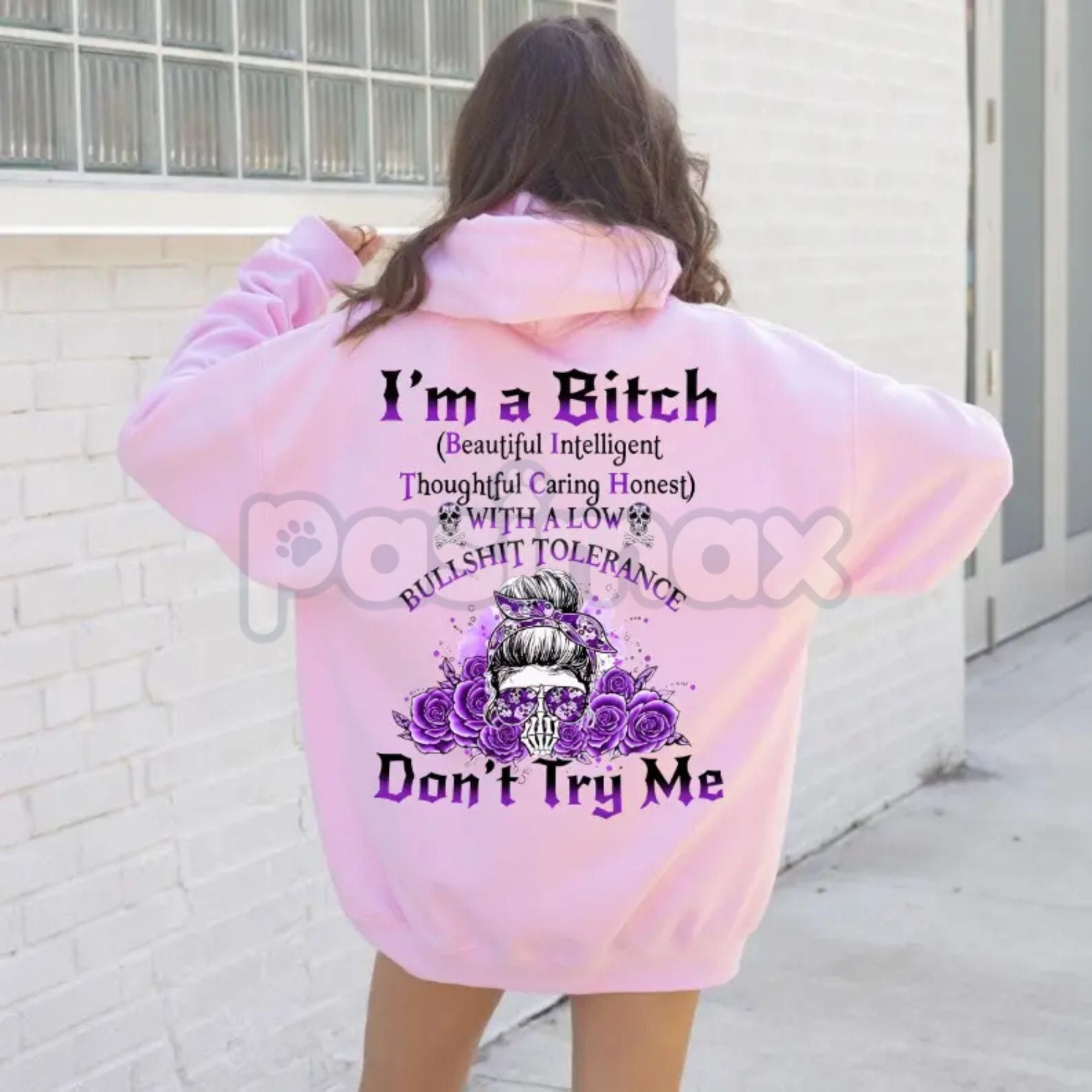 Pasimax "Yes I’m a B Flower Skull" All Over Print Hoodie – "Don't Try Me I'm The B*tch" Gen X Statement Pullover, Unisex Edgy