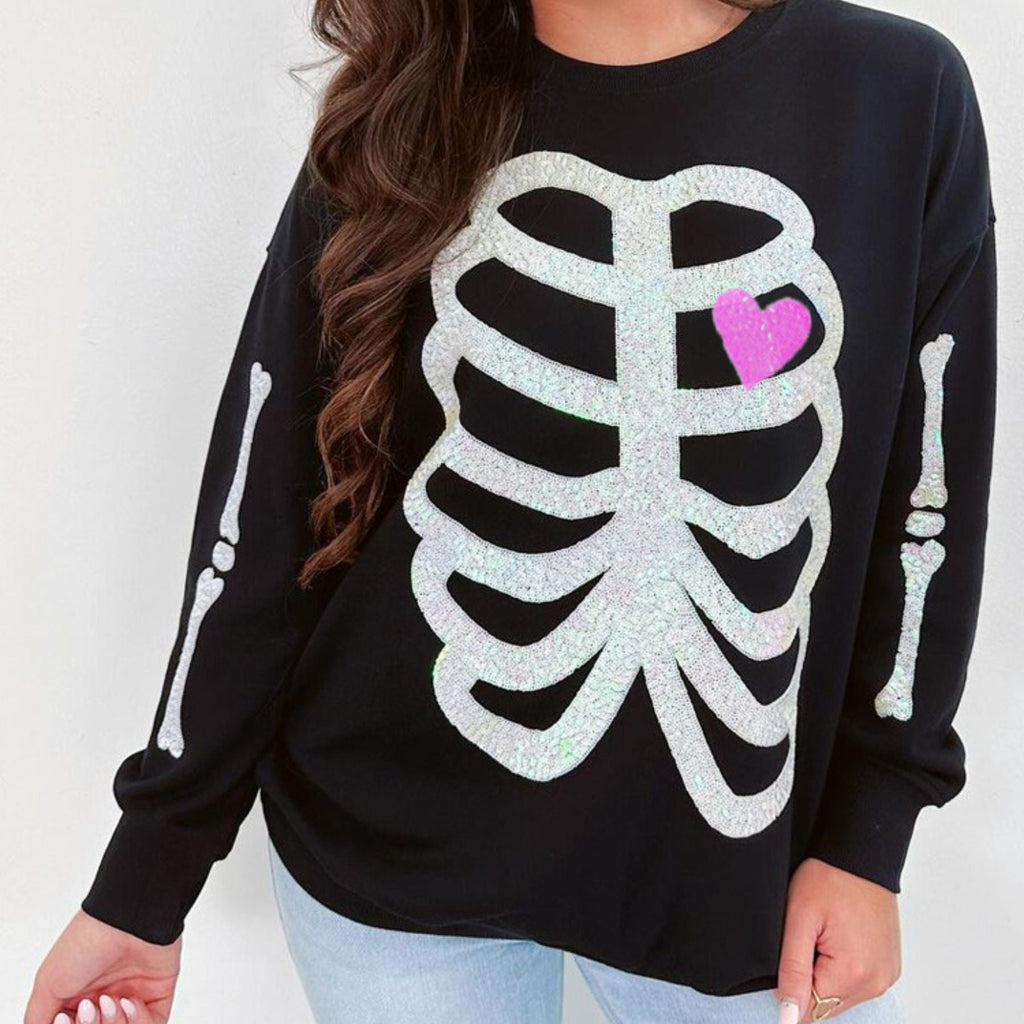 Pasimax Sequin Skeleton Halloween Sweatshirt for Women — alternative angle
