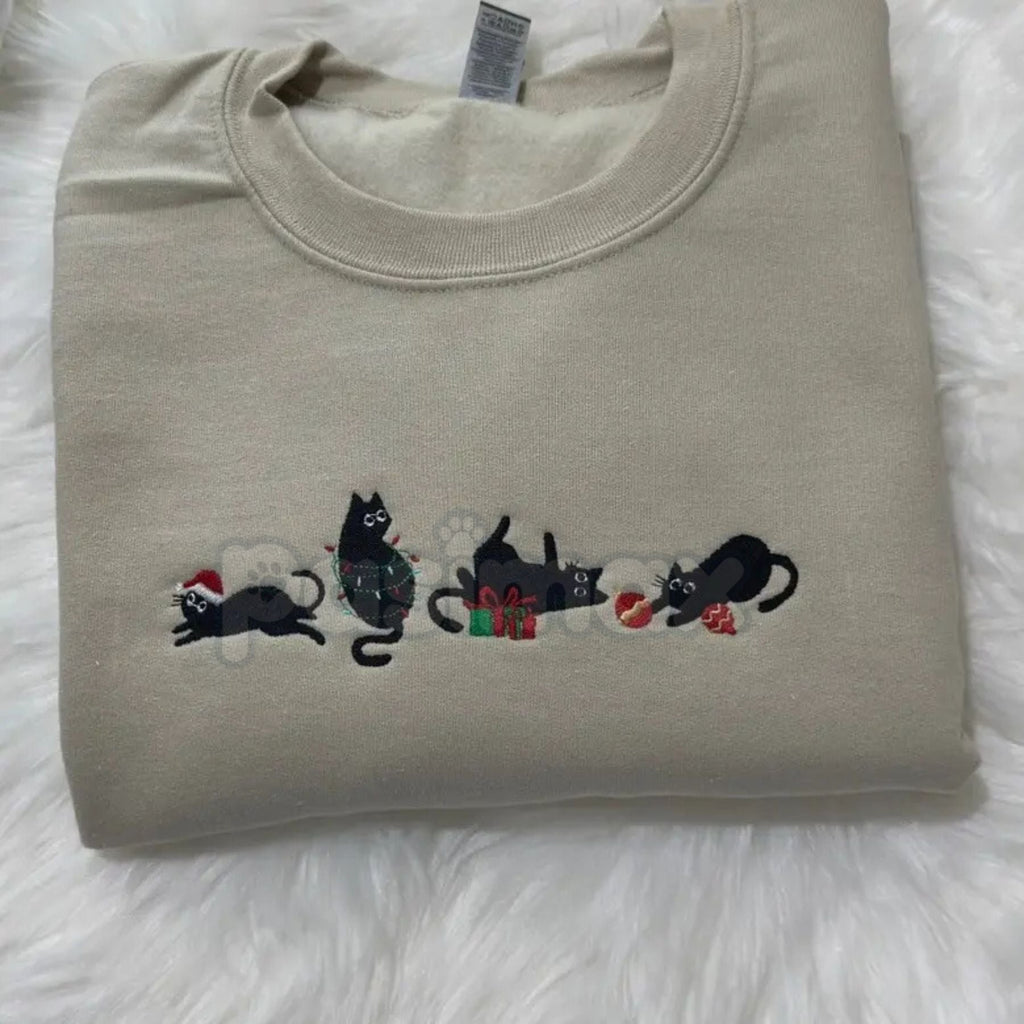 Pasimax Black Christmas Cats Embroidered Sweatshirt – Cozy Holiday Cat Mom Crewneck — detail close-up