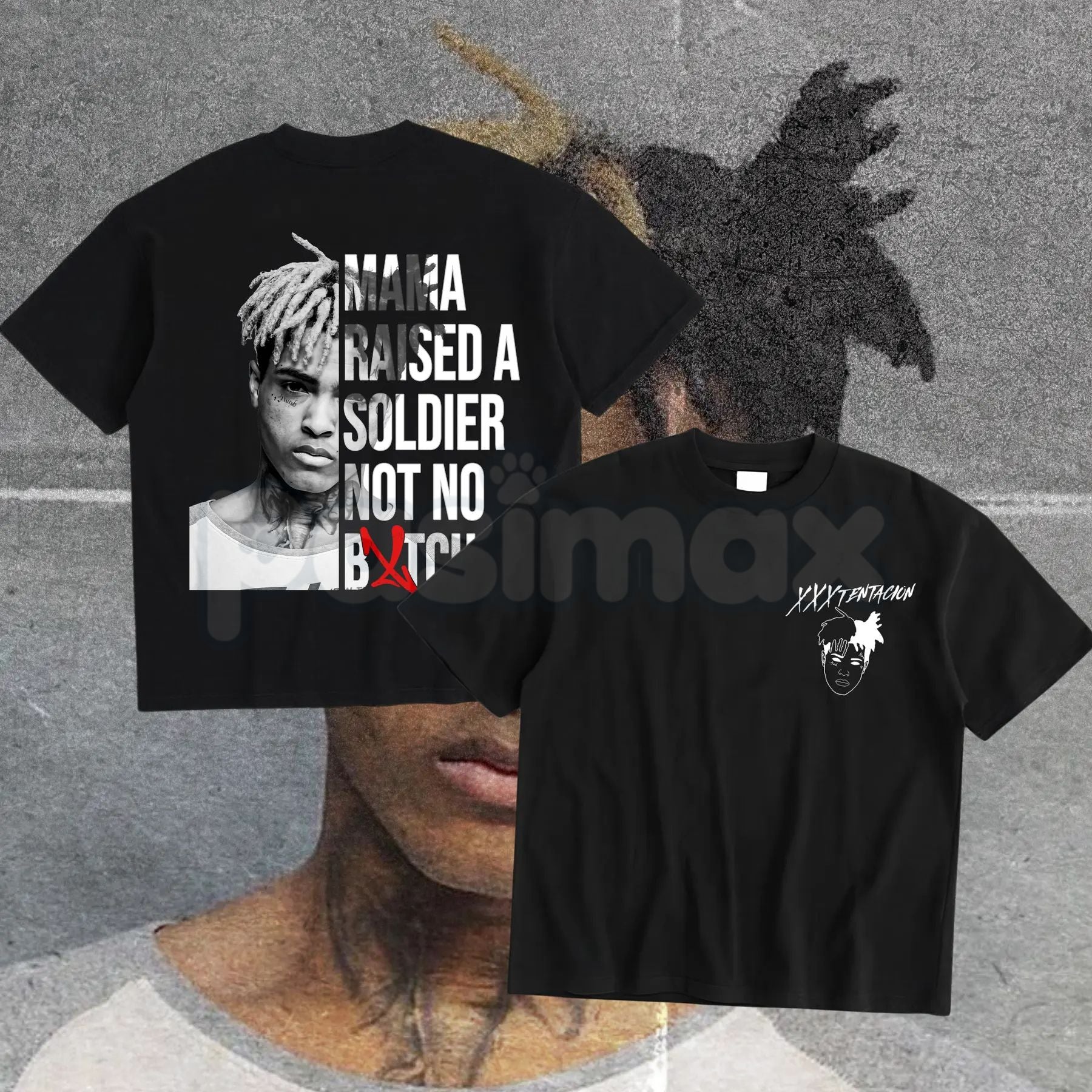 Pasimax XXXTentacion Hoodie – Mama Raised A Soldier Shirt, Vintage Rapper 2-Sided Graphic T-Shirt & Sweatshirt — detail close
