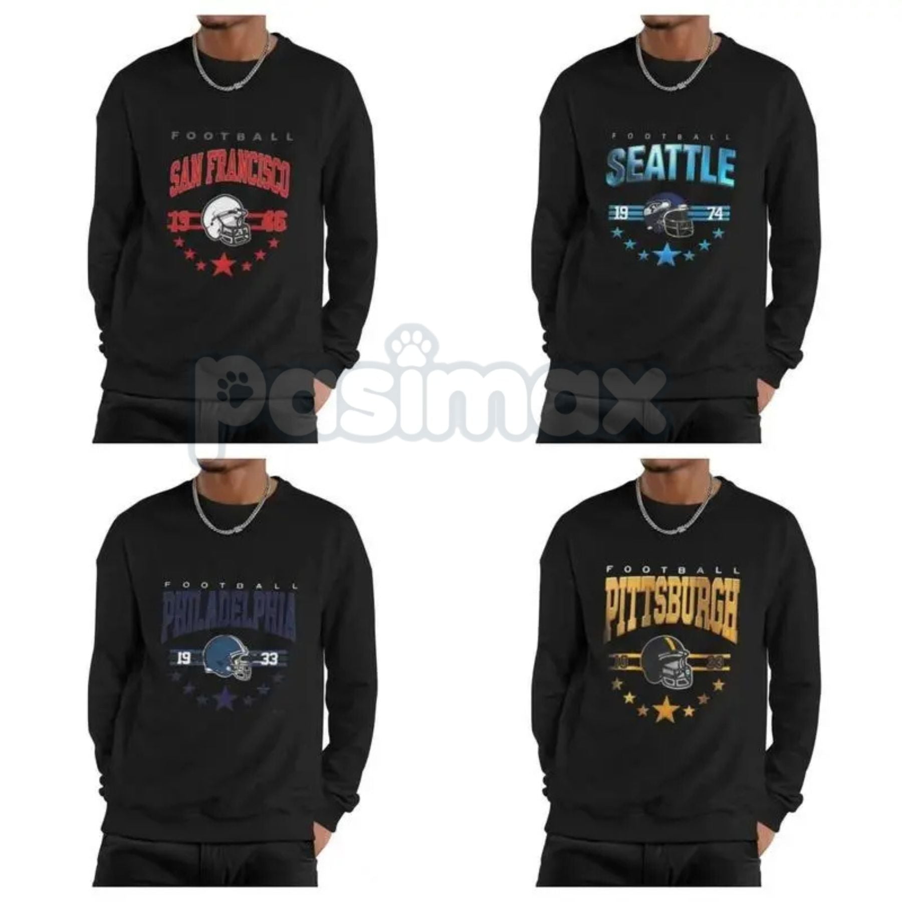 Pasimax 90s All Team Football Sweatshirt – Vintage 1960s Retro Fan Crewneck — detail close-up