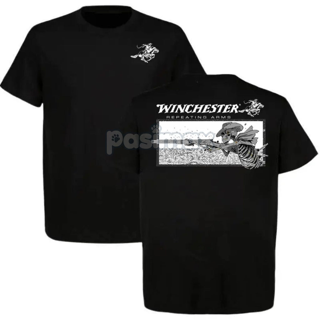 Pasimax Winchester Repeating Arms T-Shirt - Skeleton Cowboy Graphic Tee, Vintage Western Americana Shirt — detail close-up