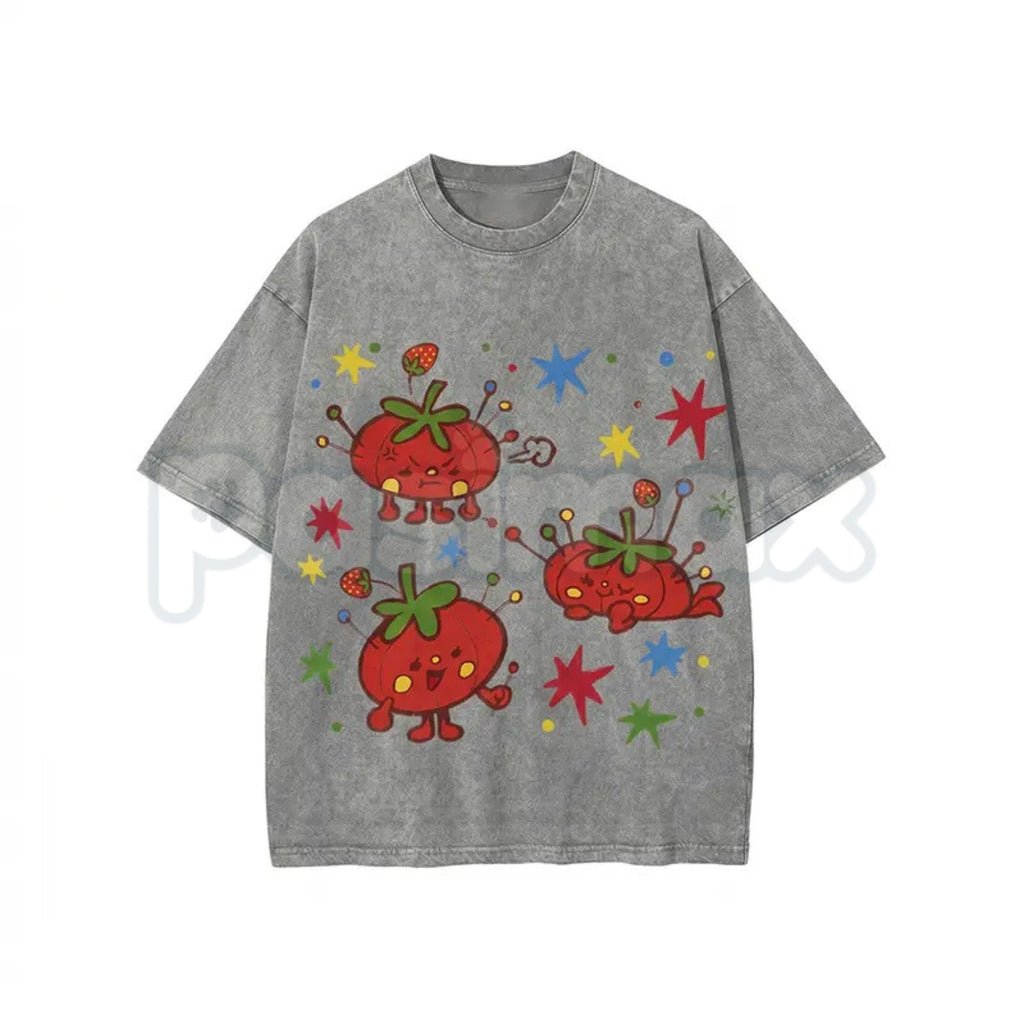 Cute Tomato Party Print T-Shirt – Retro Garden Vegetable Graphic Tee, Lightweight Vintage Washed Cotton Summer Top