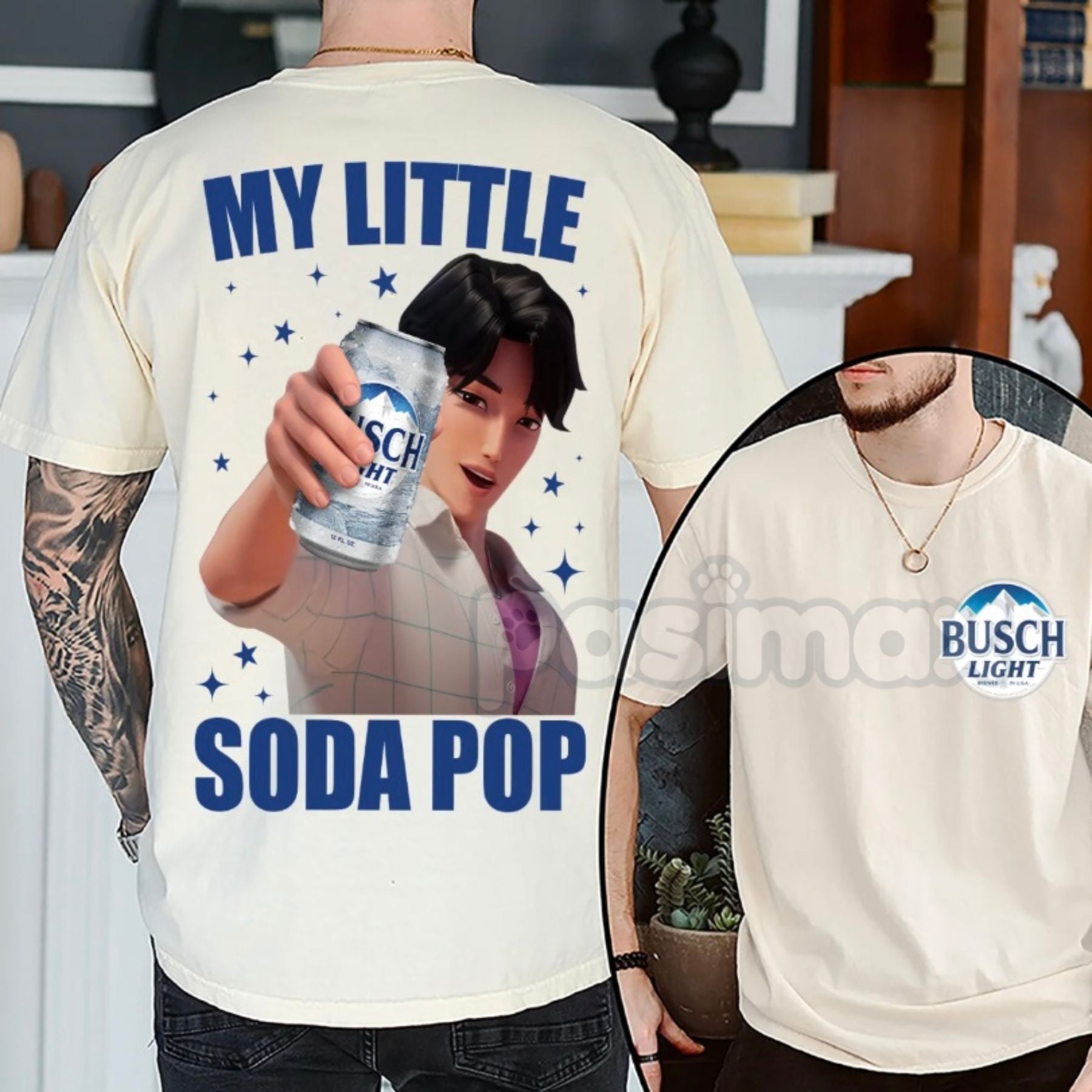 Pasimax Busch Saja Boys "My Little Soda Pop" 2 Sided Shirt — detail close-up