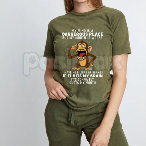 "My Mind Is a Dangerous Place" Slogan T-Shirt – Deep Thinker Edgy Graphic Tee, Premium 100% Cotton Philosophical Quote Top, Soft Lived-In Heavyweight Introvert Statement Shirt, Made in USA