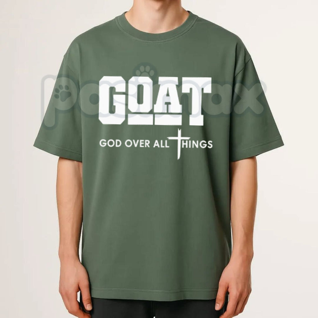 "GOAT" God Over All Things T-Shirt – Christian Streetwear Graphic Tee, Premium 100% Cotton Faith-Based Top, Soft Lived-In Heavyweight Modern Worship Shirt, Made in USA