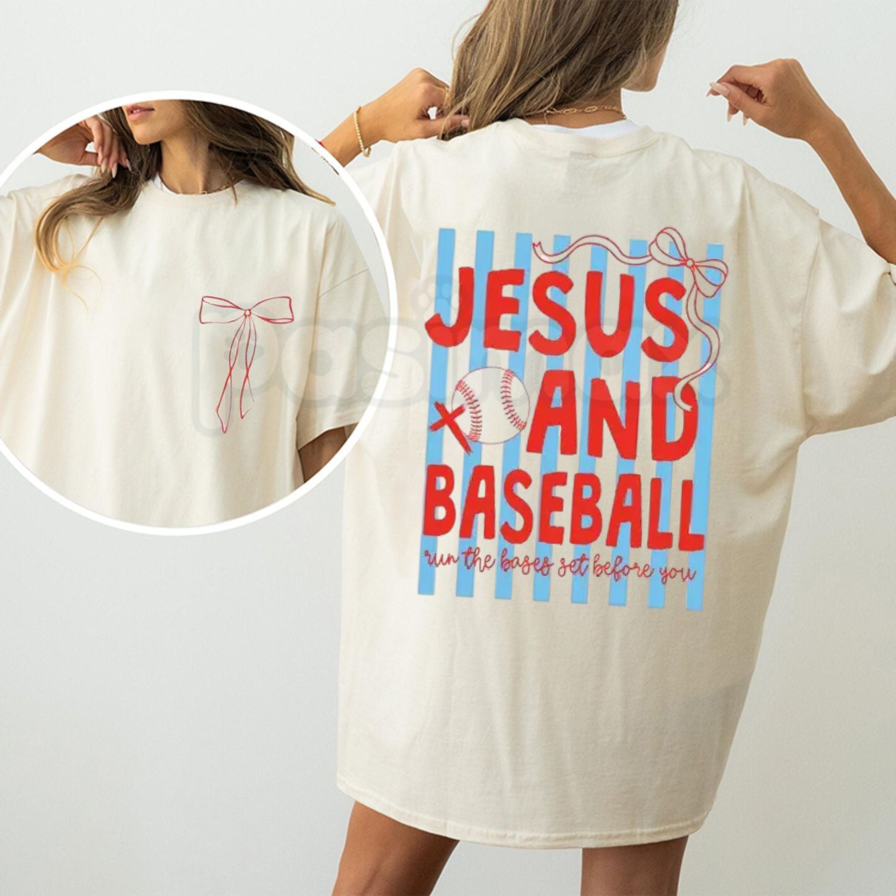 "2 Sides: Jesus & Baseball" Coquette T-Shirt – Cute Christian Athlete Graphic Tee, Premium 100% Cotton Pink Bow Baseball Top, Soft Lived-In Heavyweight Faith & Sports Shirt, Made in USA