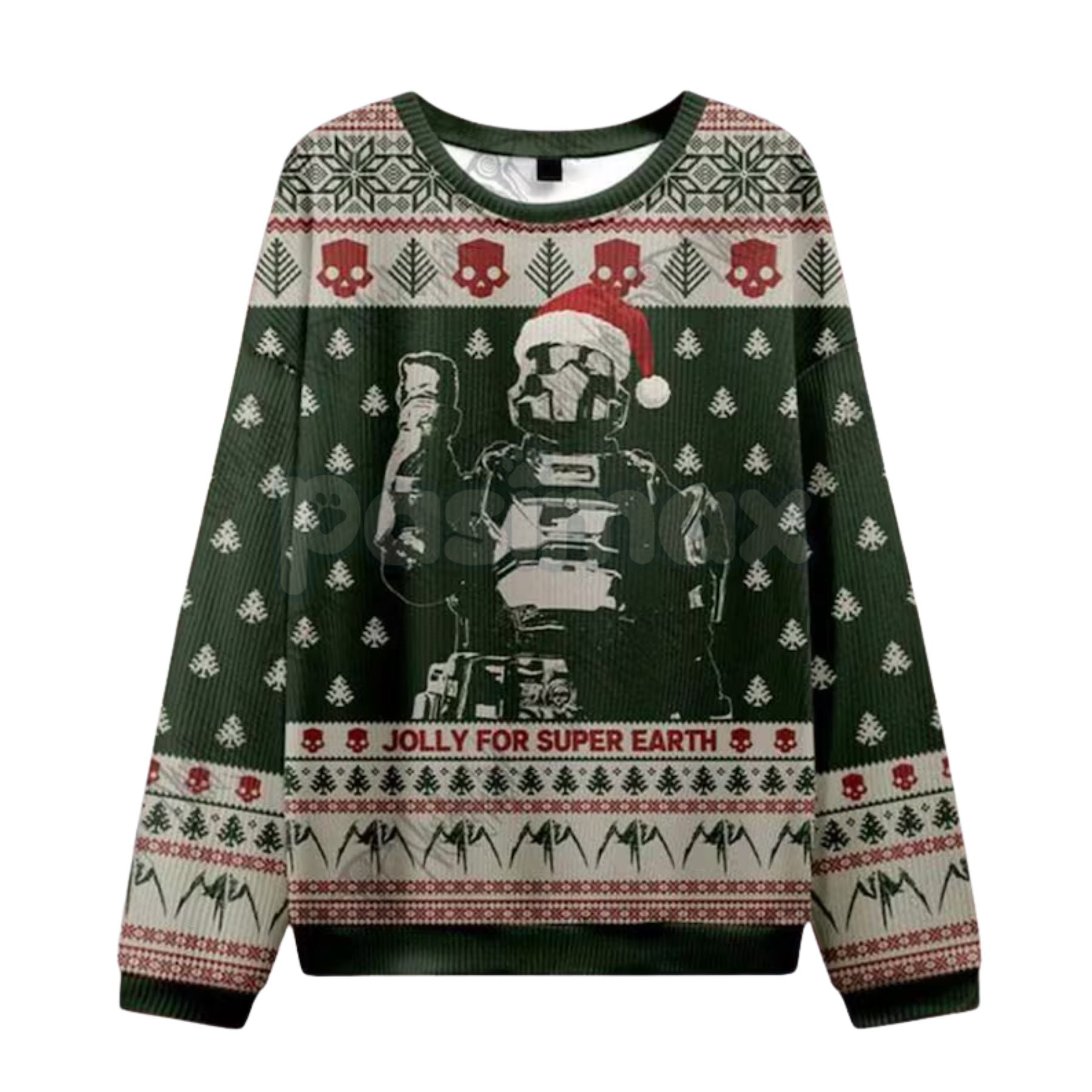 Pasimax Helldivers 2 "Jolly for Super Earth" Ugly Christmas Sweatshirt – Managed Democracy Gamer Xmas Gift — detail close-up