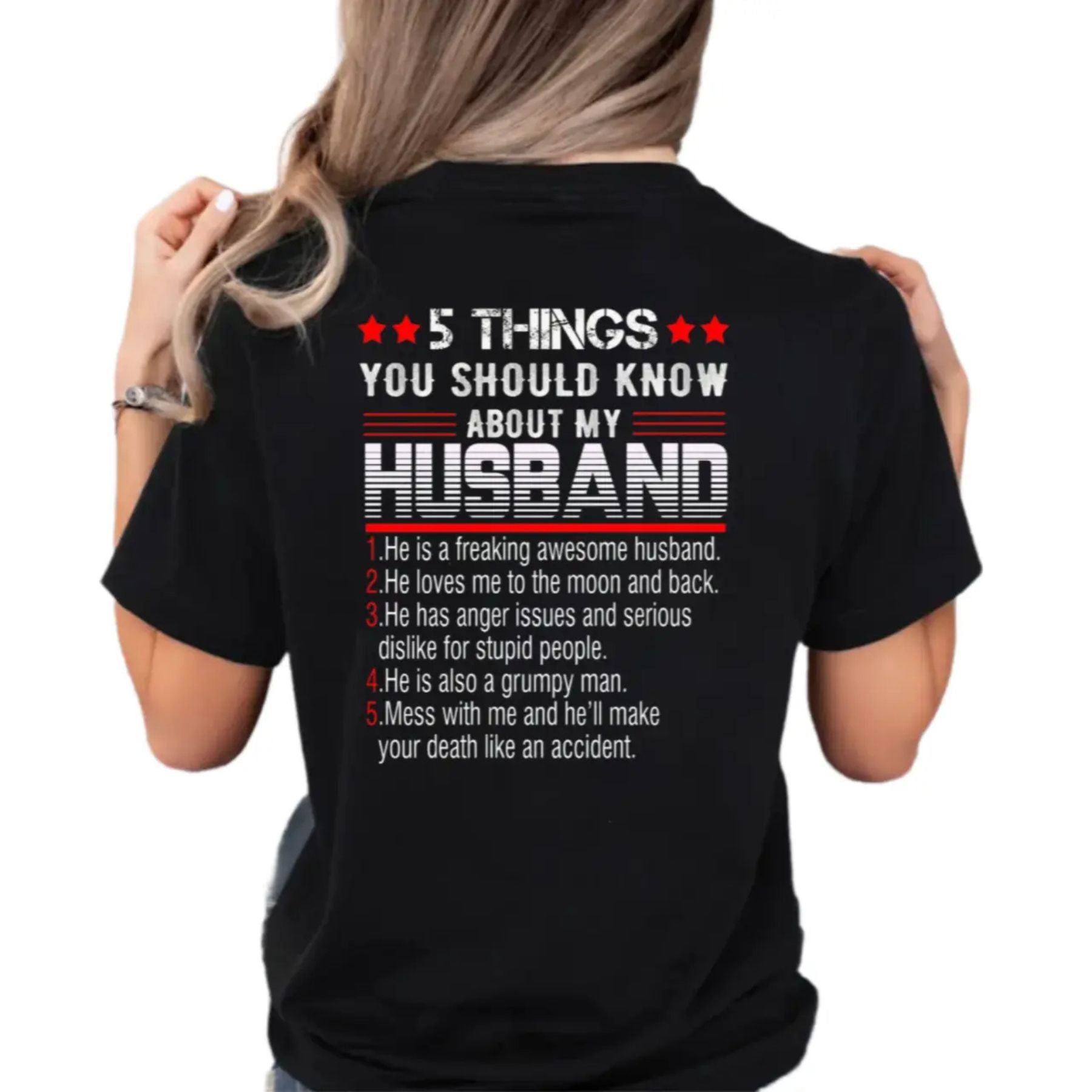 Pasimax "5 Things You Should Know About My Husband" T-Shirt — detail close-up