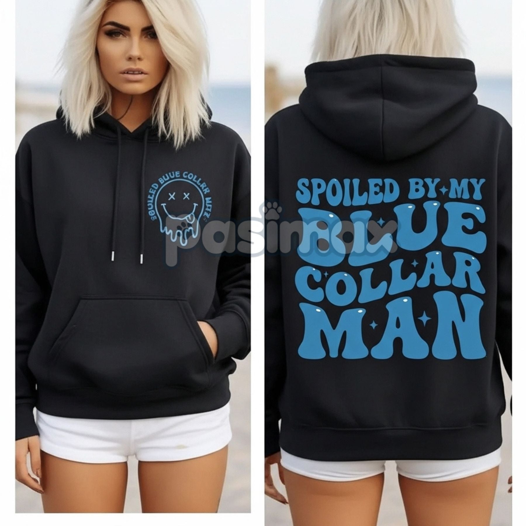 Pasimax Spoiled Blue Collar Wife Hoodie – Proud Wife Pullover, Union Worker Gift for Her, Unisex Comfort — detail close-up