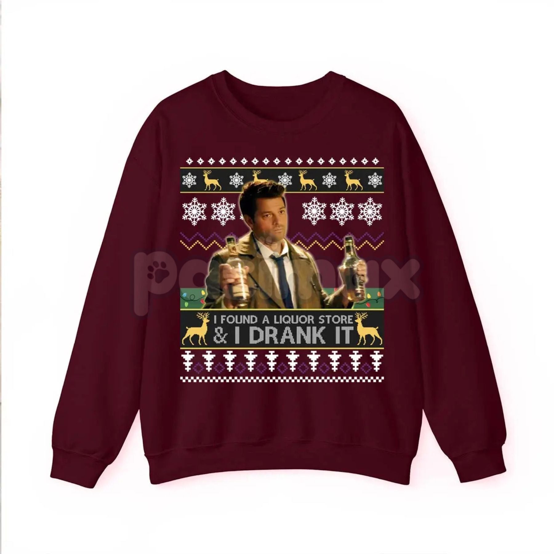 Pasimax "I Found A Liquor Store And I Drank It" Ugly Sweater | Supernatural Moments Quote Funny Christmas Shirt | Dean Winche